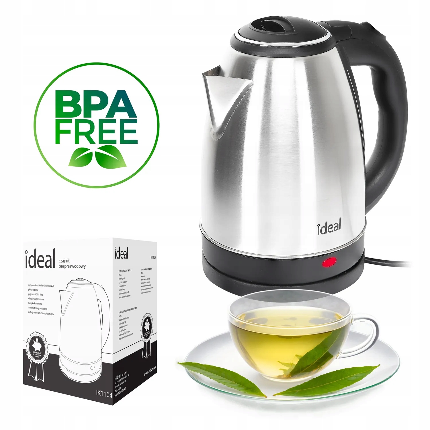 Duży Mocny Stalowy Czajnik Nierdzewny elektryczny bezprzewodowy Ideal 1,8L,