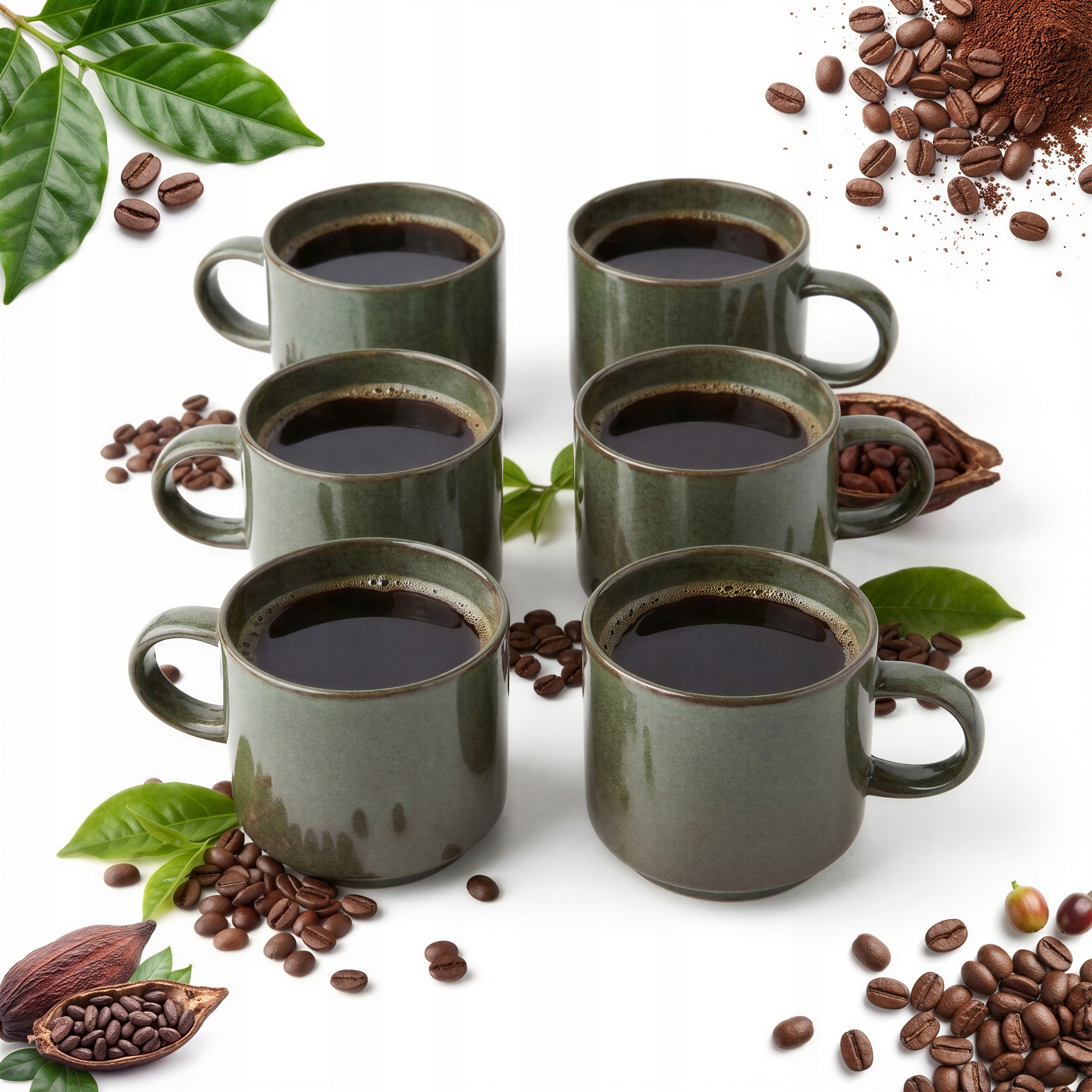 Šálky Na Čajovou Kávu Hrnek Sada 6 Ks Tmavě Zelený Mat 350 ML Ø 9,5 CM