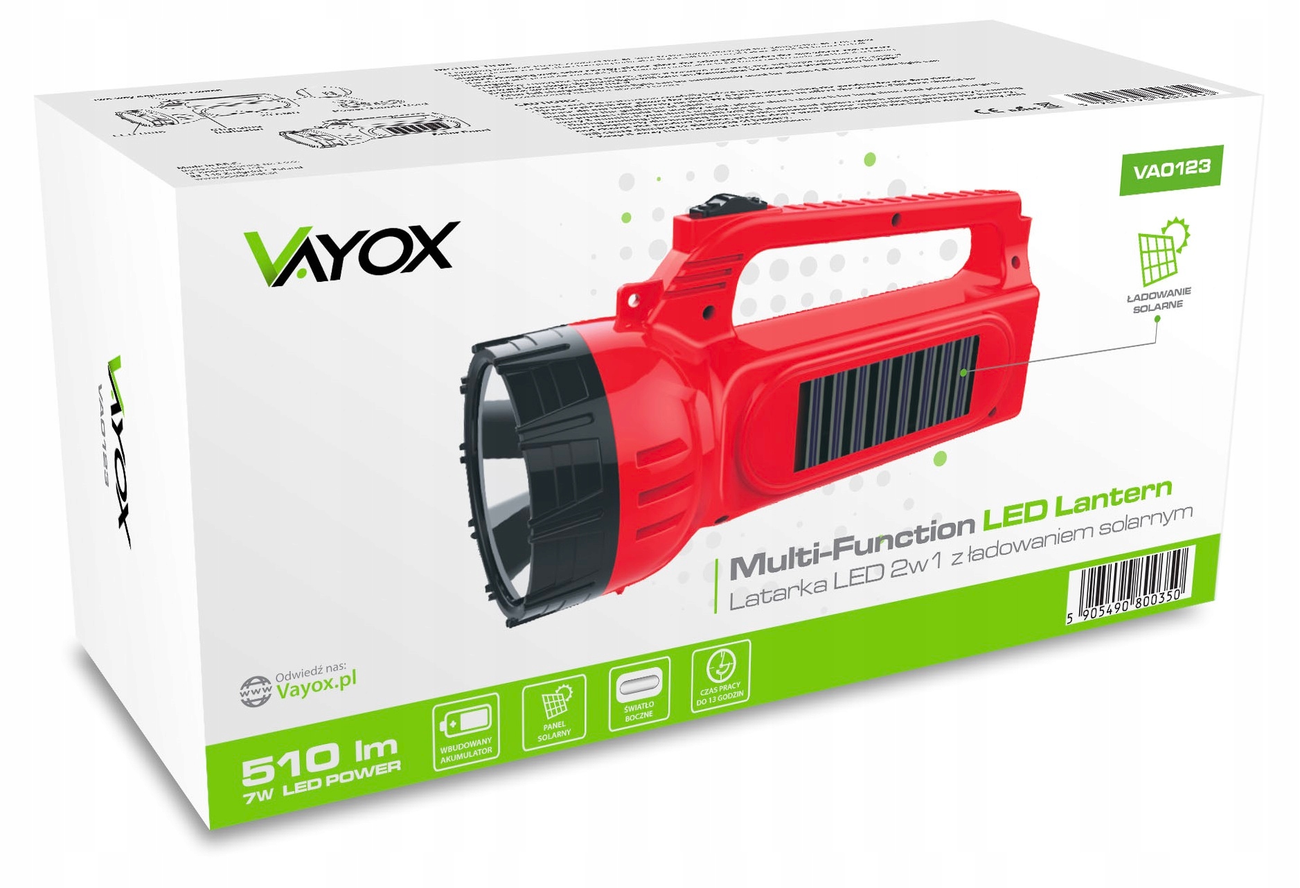 LATARKA LED SOLARNA SZPERACZ AKUMULATOROWA 230V ZE ŚWIATŁEM BOCZNYM VAYOX Maksymalna siła światła 300 lm