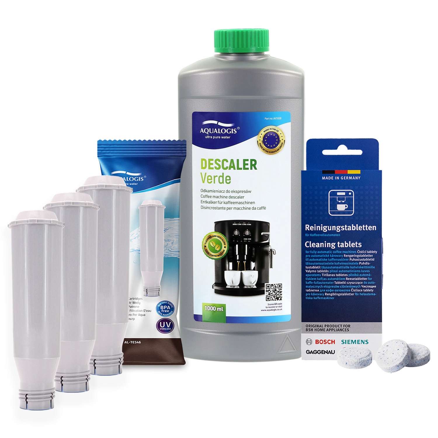 3x filtr AL-TES46 pro kávovar Bosch kapalina Verde 1 l čisticí tablety