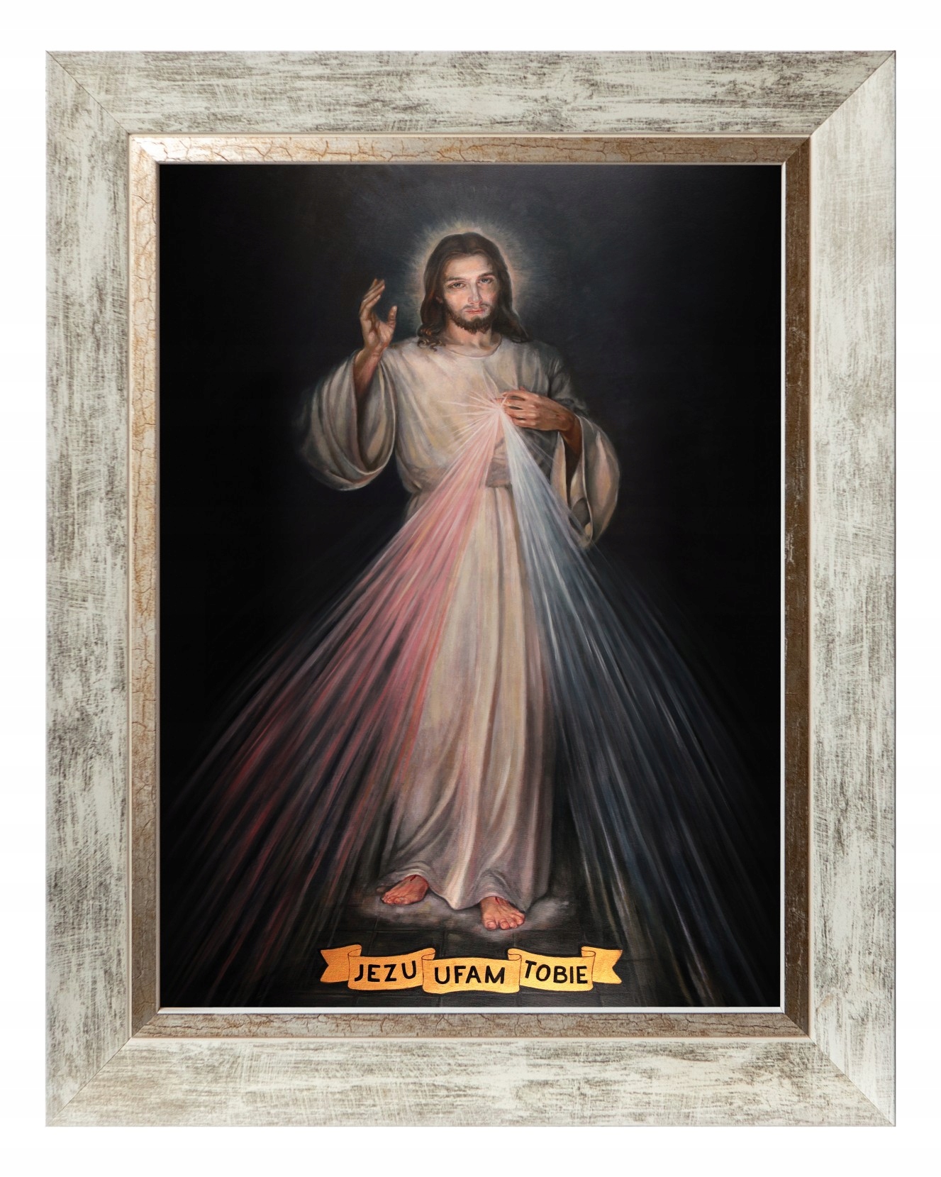 Ježíši, Důvěřuji Ti, Náboženský Obraz Na Plátně V Bílém Zdobeném Rámu 30X40