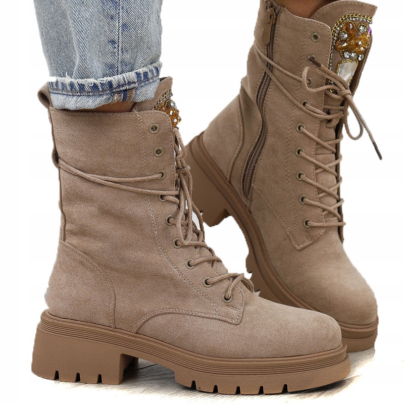 Hnědé dámské kotníkové boty zateplené workery na silné podrážce, krystaly šatonové růže