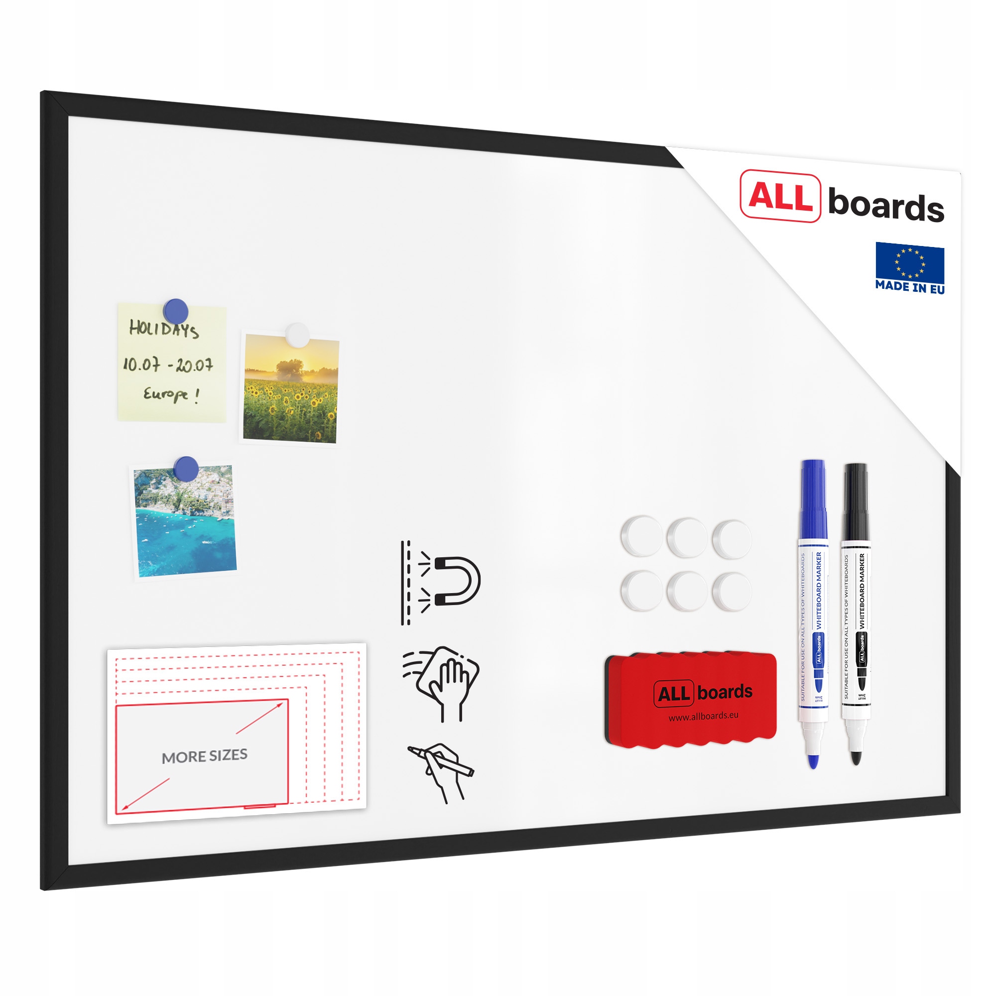 Tablica magnetyczna suchościeralna biała 90x60cm w czarnej ramie