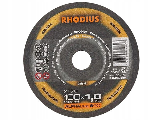 TARCZE TARCZA DO CIĘCIA METALU STALI INOX 100x1,0x16 RHODIUS NIEMCY XT70 Marka Rhodius