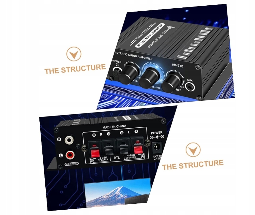 AMPLITUNER WZMACNIACZ STEREO RADIO MINI WZMACNIACZ Kolor czarny