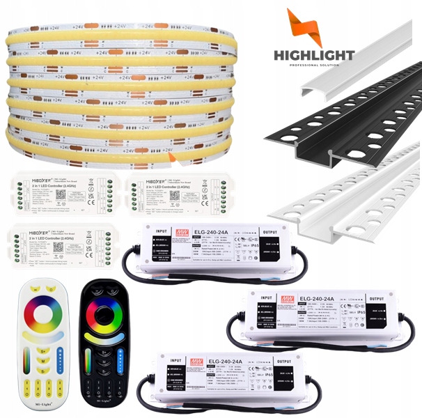40m Sada Fasáda Led pásik Cob Cct 16W 24V IP65 Profil Biela/Čierna