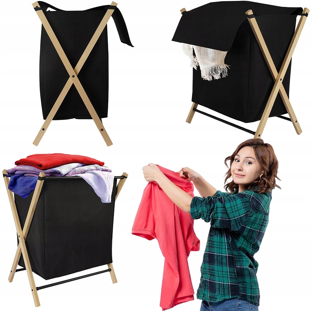 Koš Na Prádlo Dřevěný, Látková Koupelnová Vložka 58 L, Skládací, Odolný