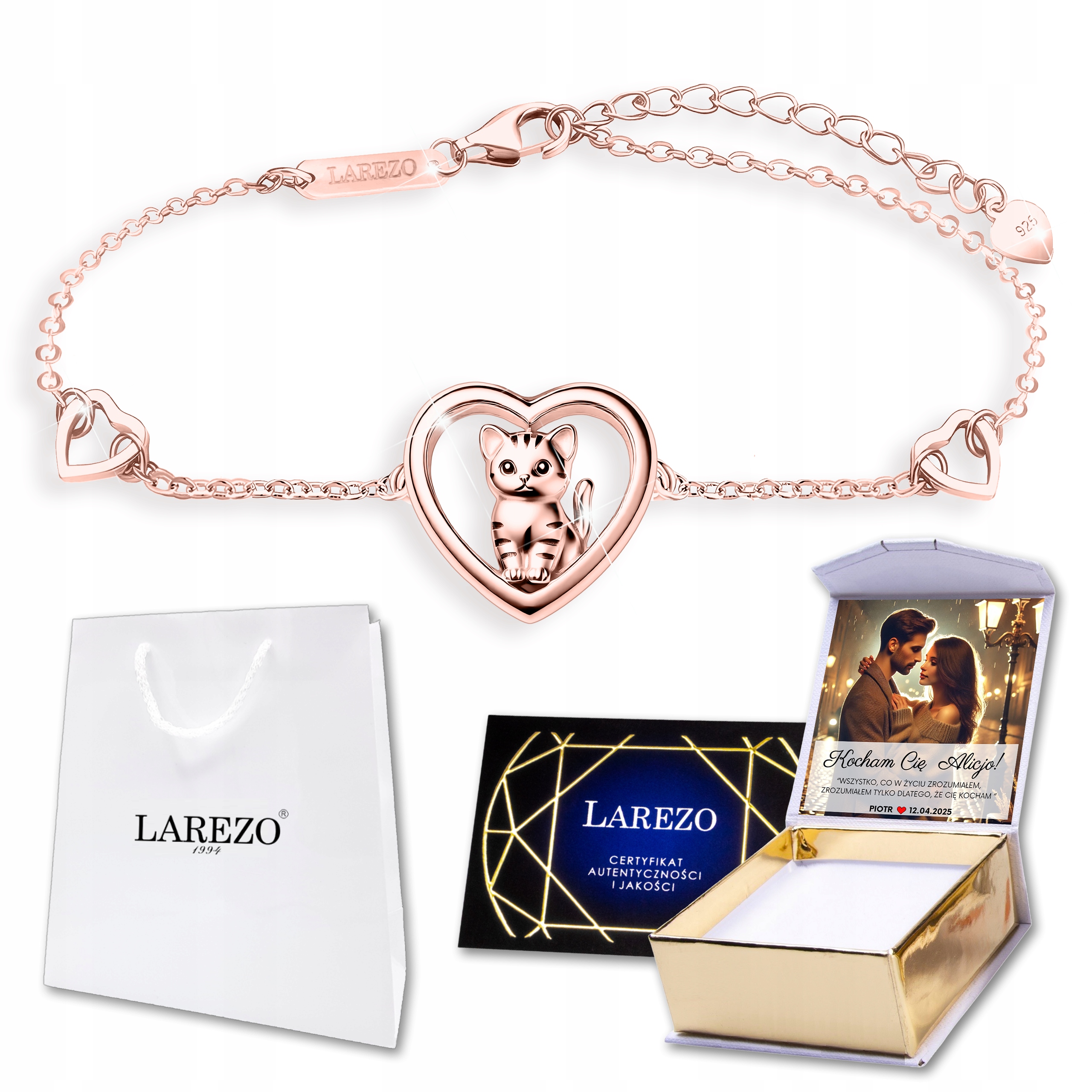 Pozlacený náramek 925 Kočka Srdce s kočkou Srdíčko Kočka Láska Kočka Potisk