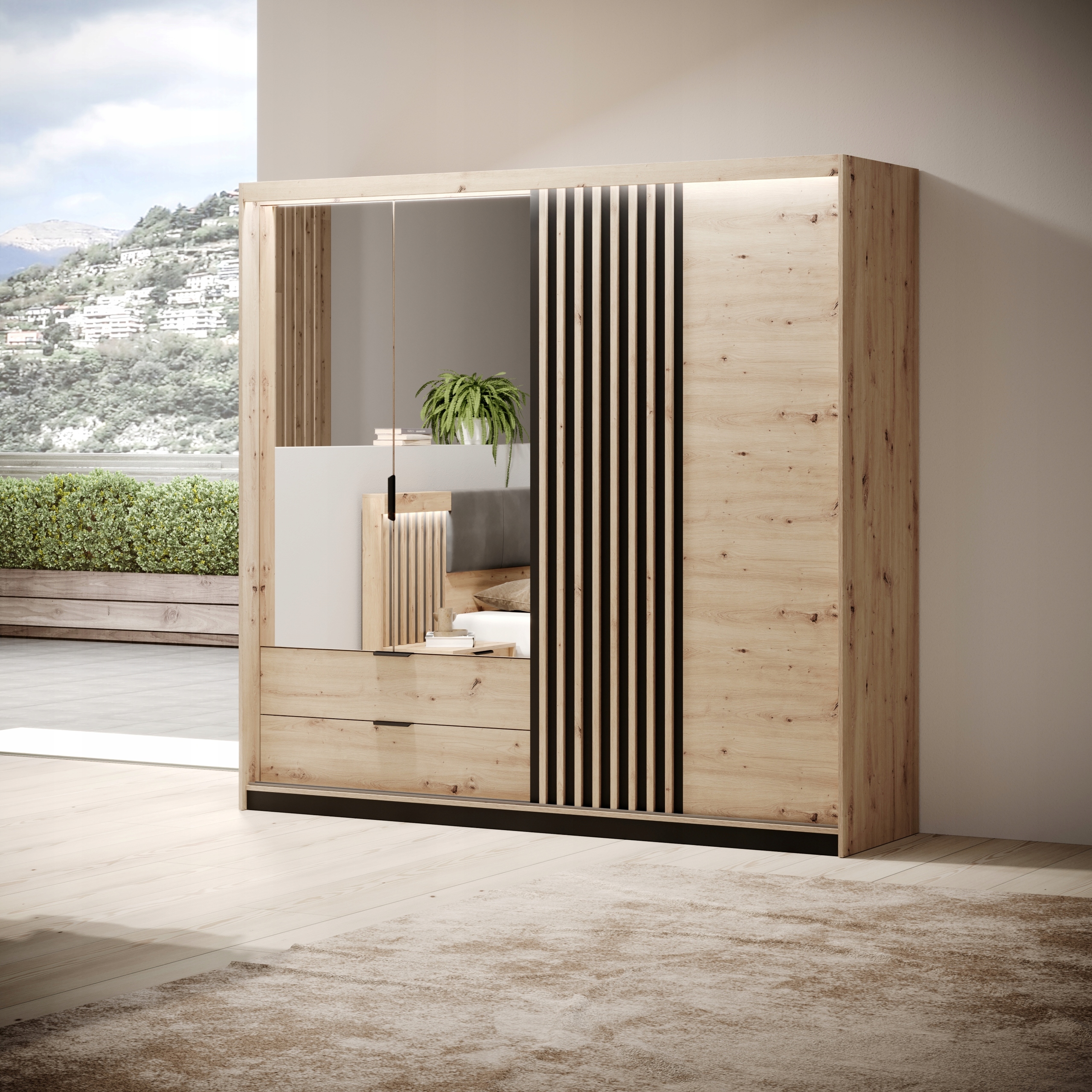 Skříň skříň Tallino 220 cm Skříň se zrcadlem Dub artisan