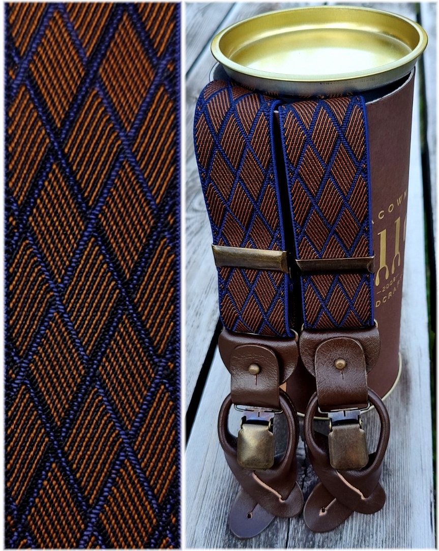 Szelki na guziki 2w1 GUMA BRĄZOWA ROMBY do spodni