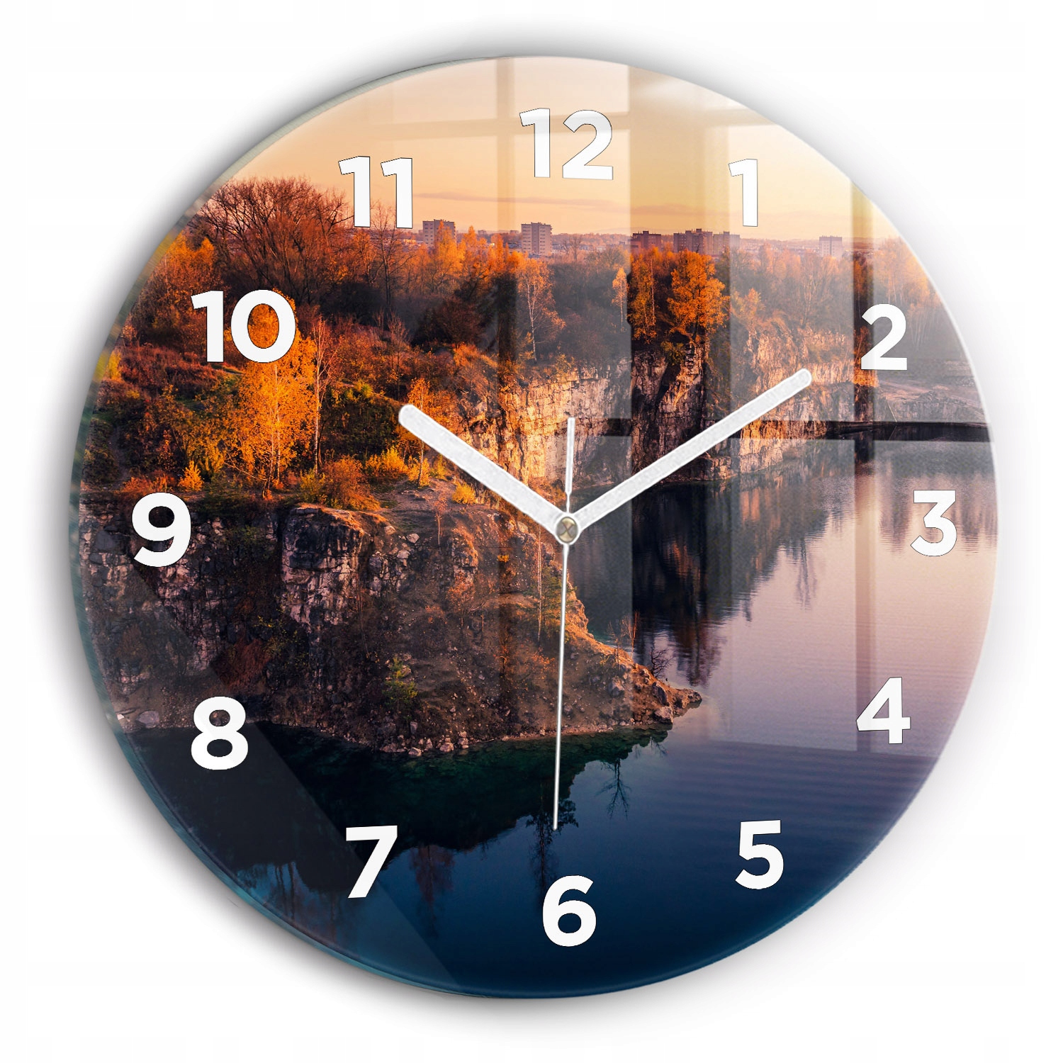 Moderní skleněné hodiny s nástěnnou grafikou Krakov jezero Zakrzówek fi30 cm