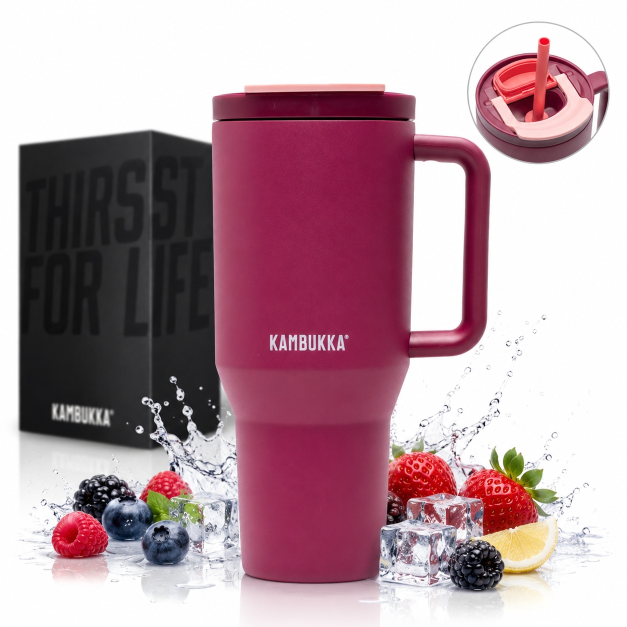 Termohrnek s brčkem a rukojetí Kambukka Rio 950 ml Burgundy Bloom