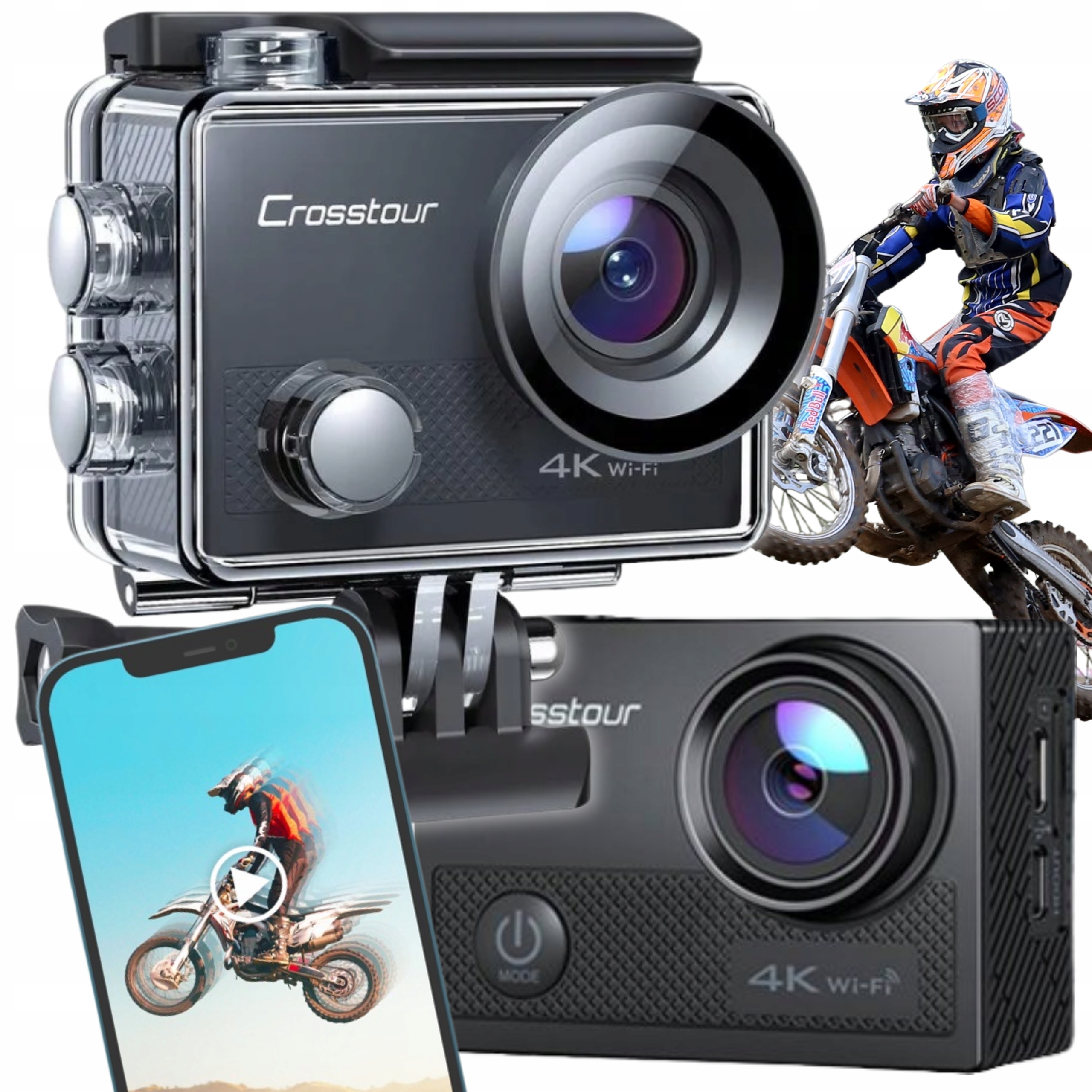Kamera sportowa 4K Crosstour Wodoodporna 40M 20MP WiFi Hdmi Usb Akcesoria
