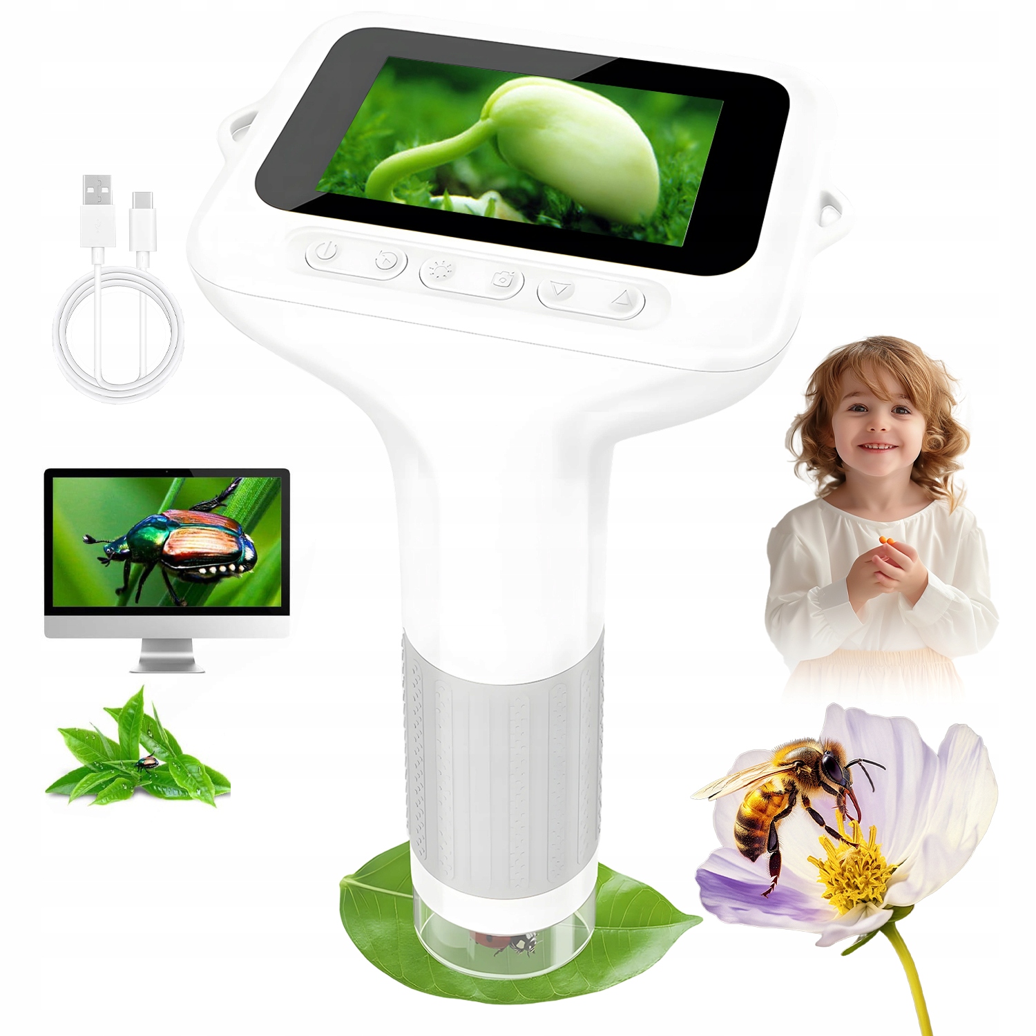 Digitální Mikroskop Pro Děti 1000X 8 Led 3" Ips Hd Paměť Na 100 Fotografií