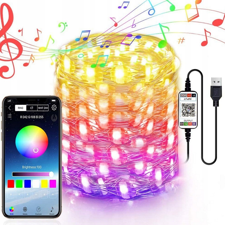 

Lampki Led 20m Sterowanie telefonem Choinka Balkon