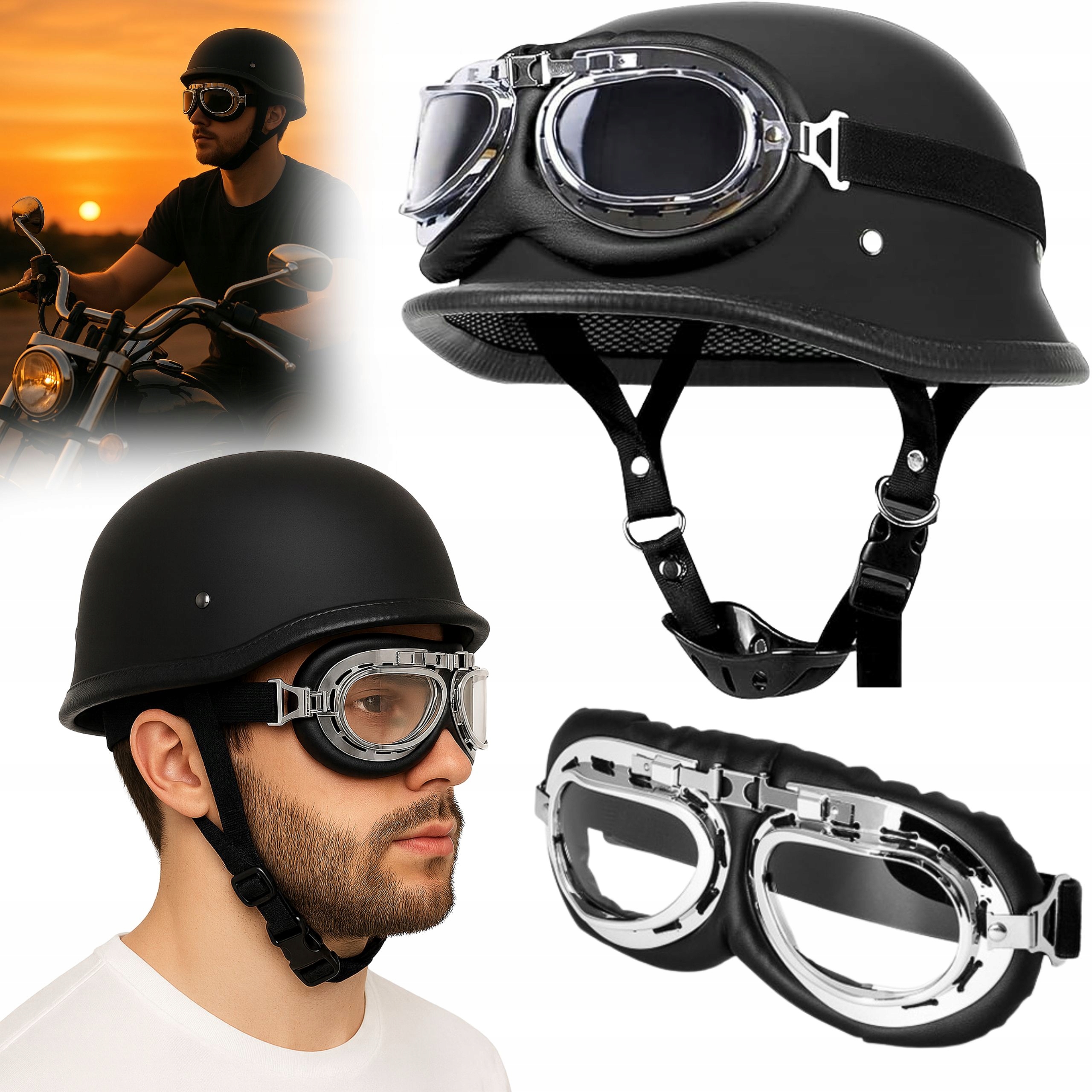 Motocyklová Přilba Helma S Brýlemi Chopper Retro Německá Dot Oříšek Pilot