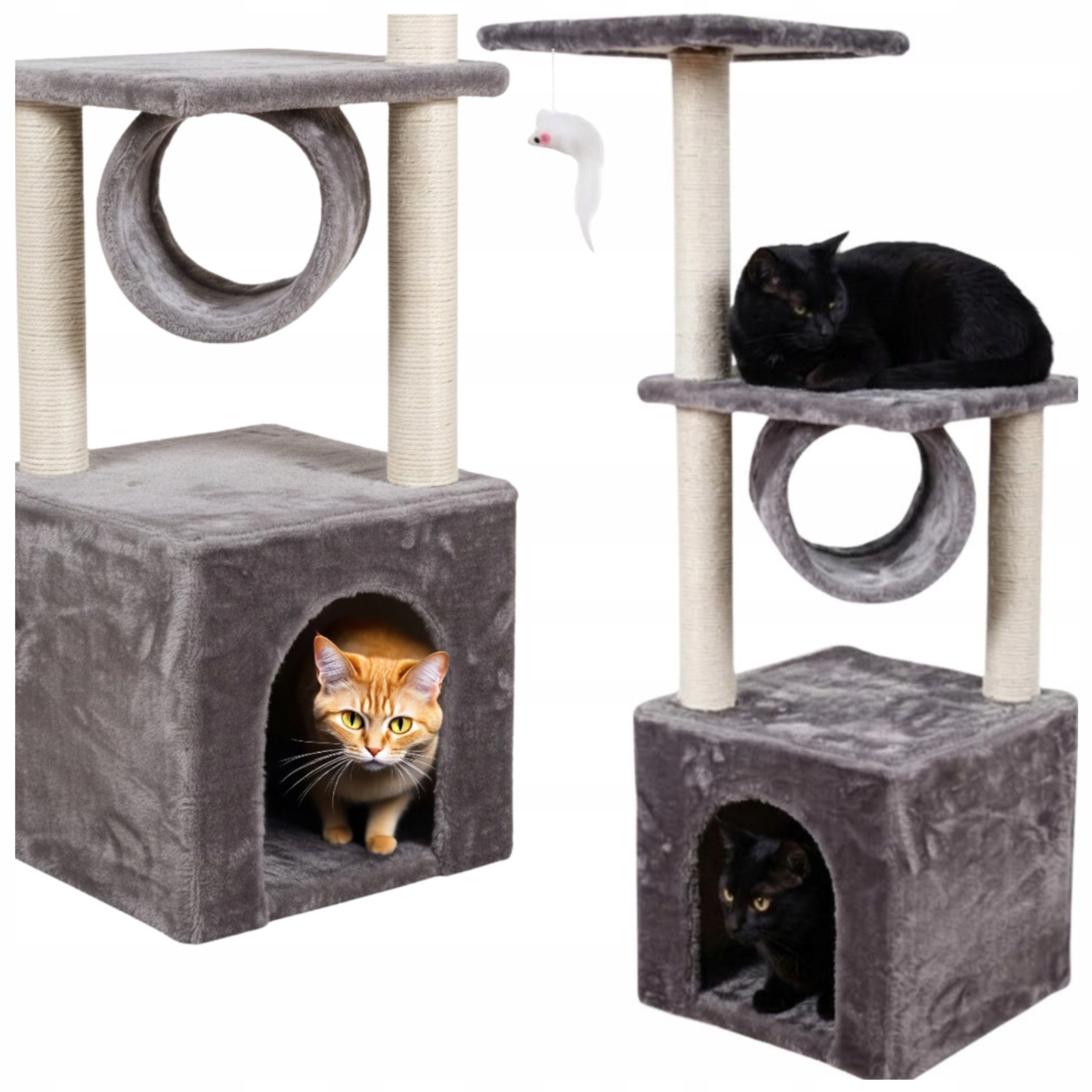 Levně Škrabadlo pro kočky vysoký strom budka domeček pelíšek myš hračka šedá