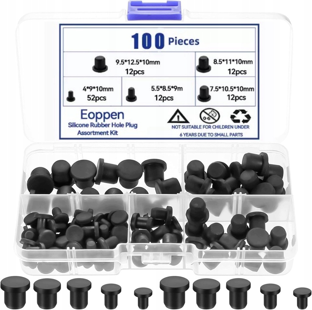 100x Gumowe Silikonowe Zatyczki Zaślepki Korki (pełna Guma) Otwory 4-9,5 mm