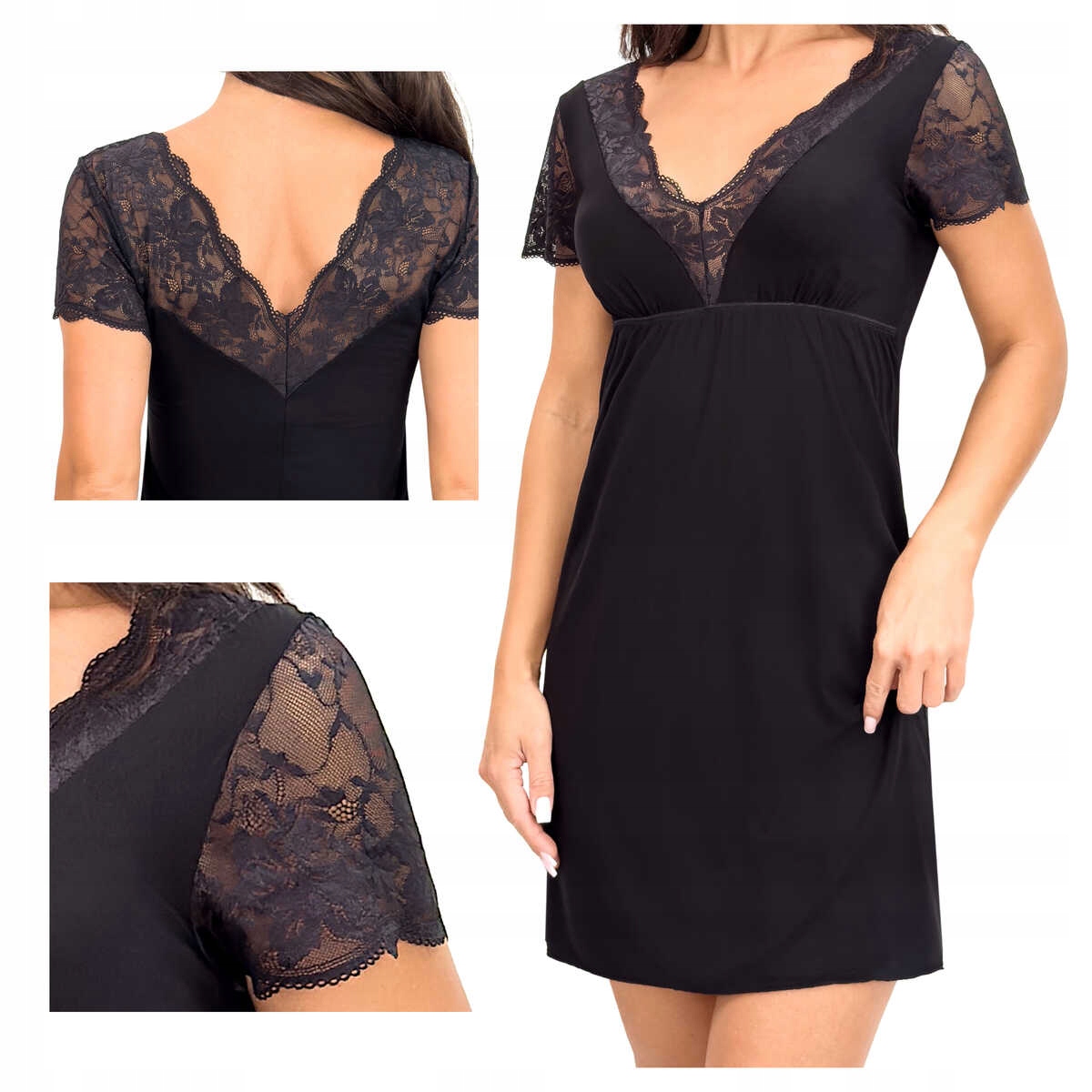 Donna Košile noční z viskózy s krajkou a rukávky Sonia černá XL