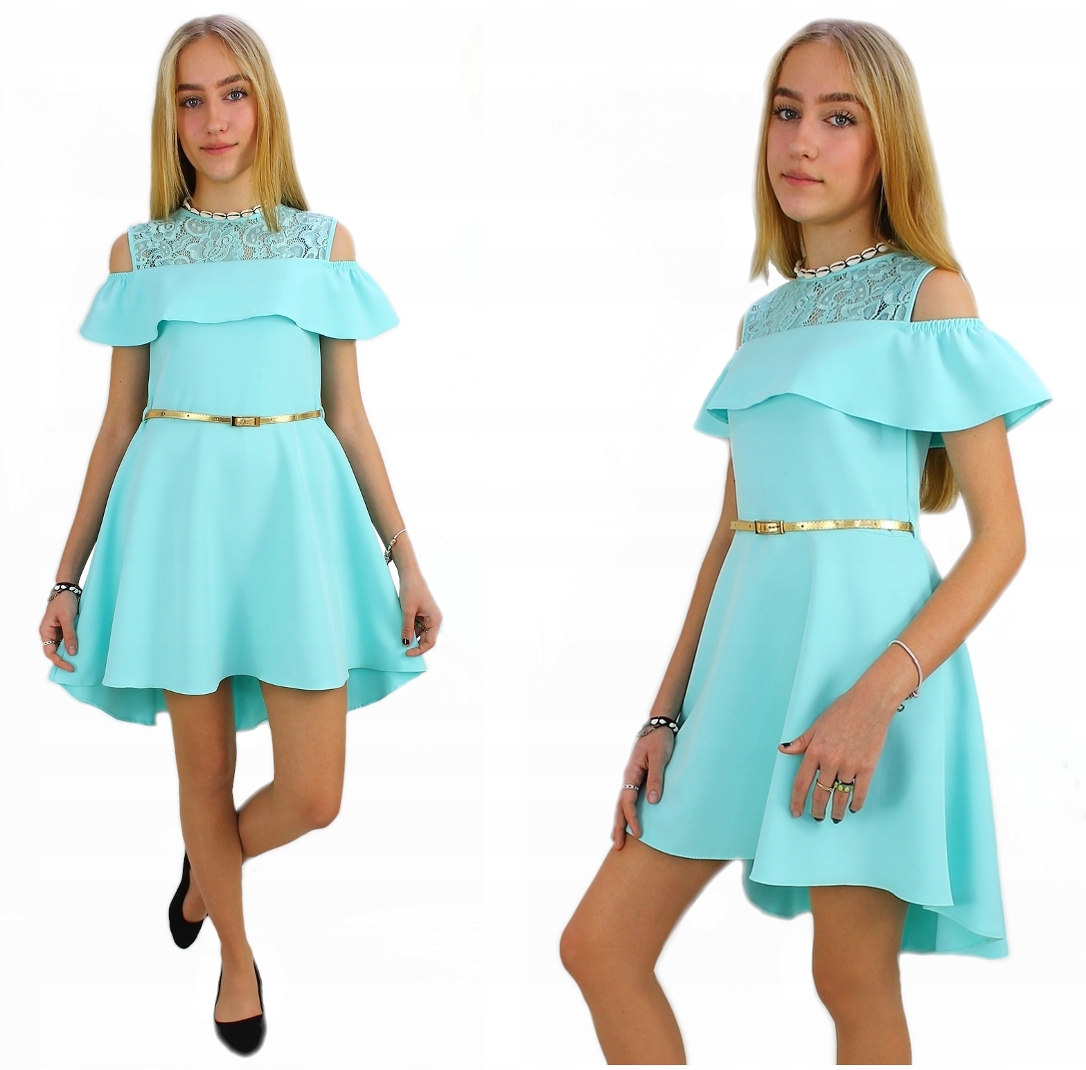 WIZYTOWA MIĘTOWA GALOWA SUKIENKA Z PASKIEM 140