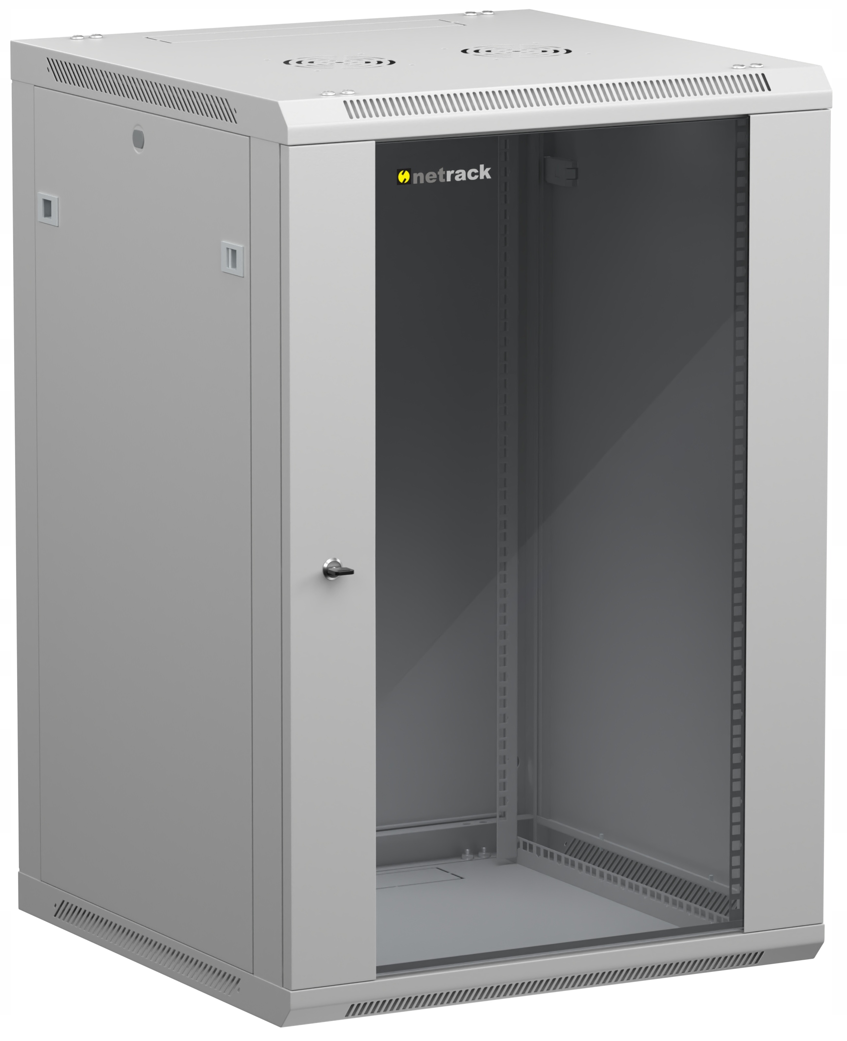 Závesná skriňa Rack 19" 18U, 600 mm, Netrack F-Line, šedá, sklenené dvere,