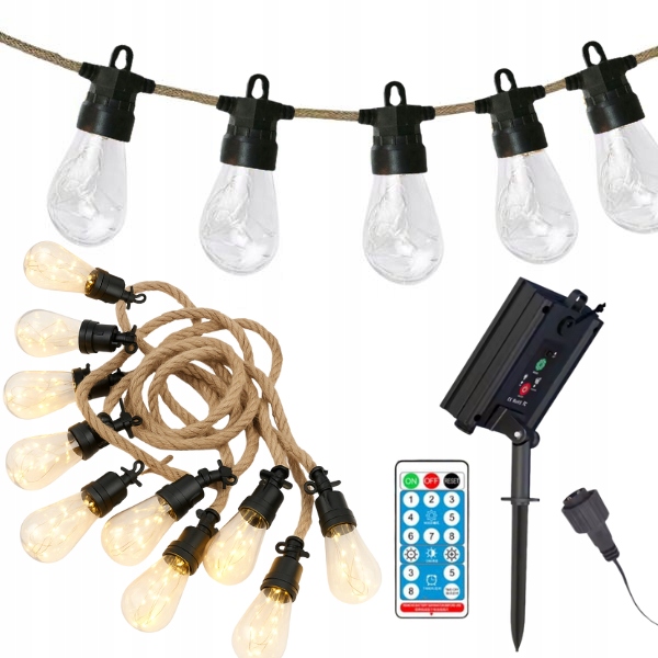 Lampki Solarne na Sznurze Jutowym 10 Led, Girlanda Ogrodowa IP44