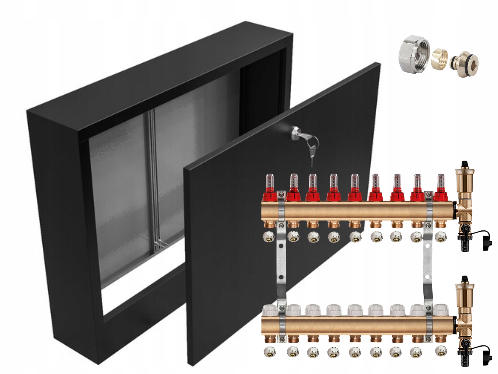Mosazný Rozdělovač 9 Sekcí Pex Spojky Nástěnná Skříňka Černá