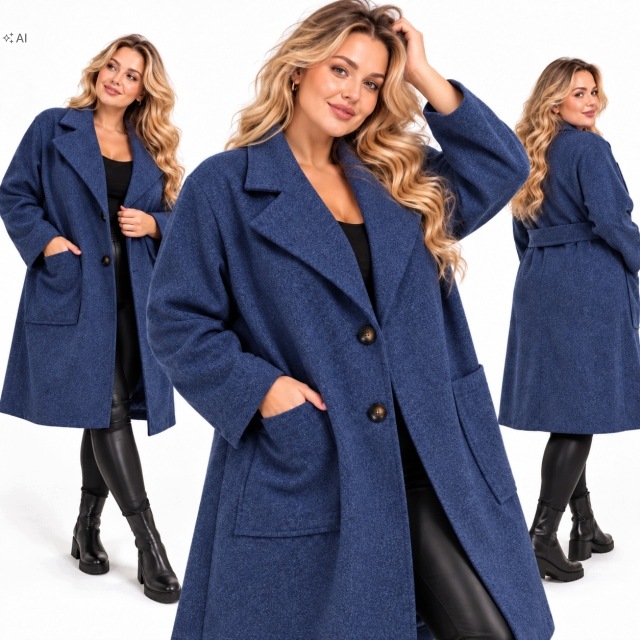 Dámský kabát Boyfriend Měkký Teplý s páskem námořnická modrá jeans 50 52 5xl 6xl