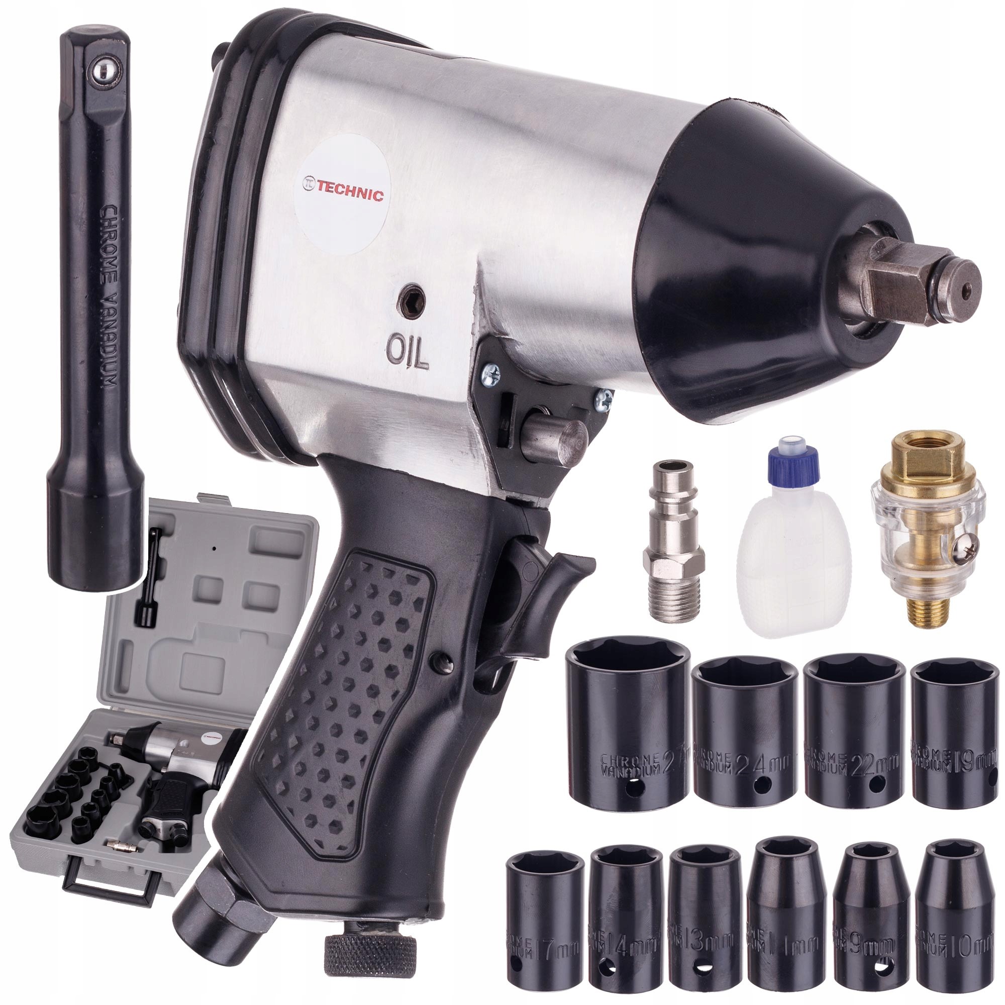Klucz Pneumatyczny Udarowy 1/2" 340Nm Nasadki 9-27mm do Kół Zestaw 7000 Rpm