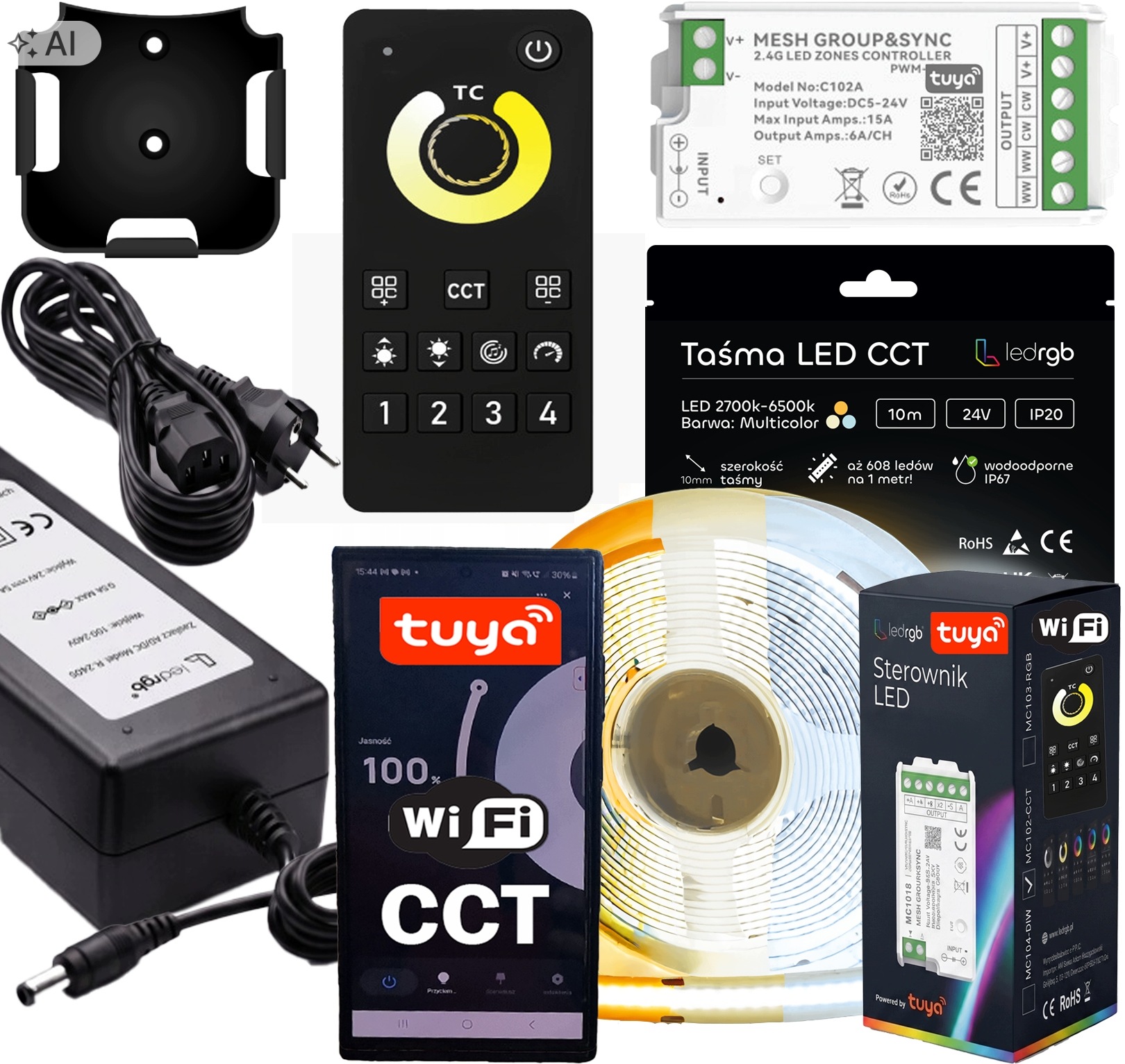 Sada Led pásků Cob 24V 10 m Cct Bílá Wifi Tuya Dálkový Ovladač Zásuvkový Napájecí Zdroj