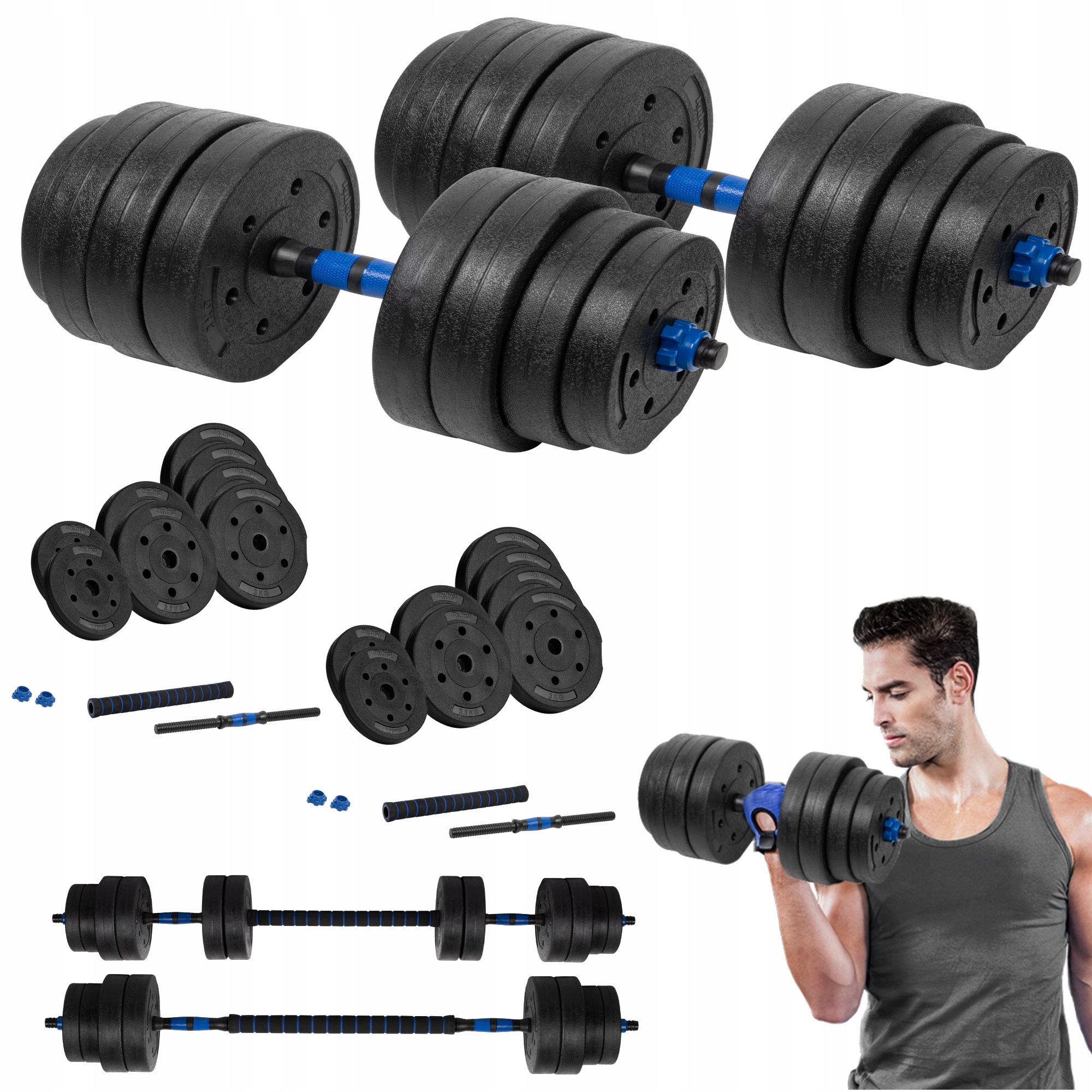 Hantel bitumiczny regulowany 2x20kg do ćwiczeń ciężarek gryf łącznik zestaw