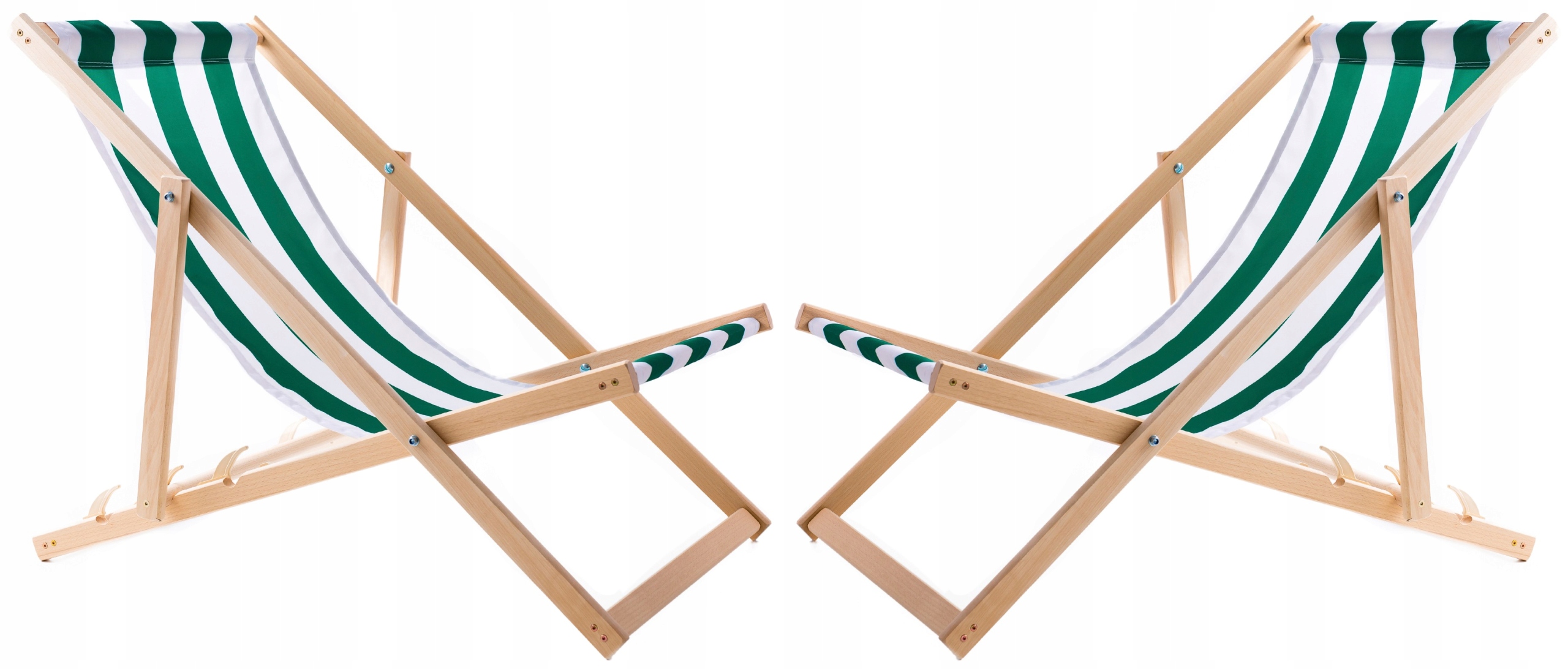 2 X Skladací Drevený Záhradný Plážový Ležadlo Woodok So Zelenými Pruhmi
