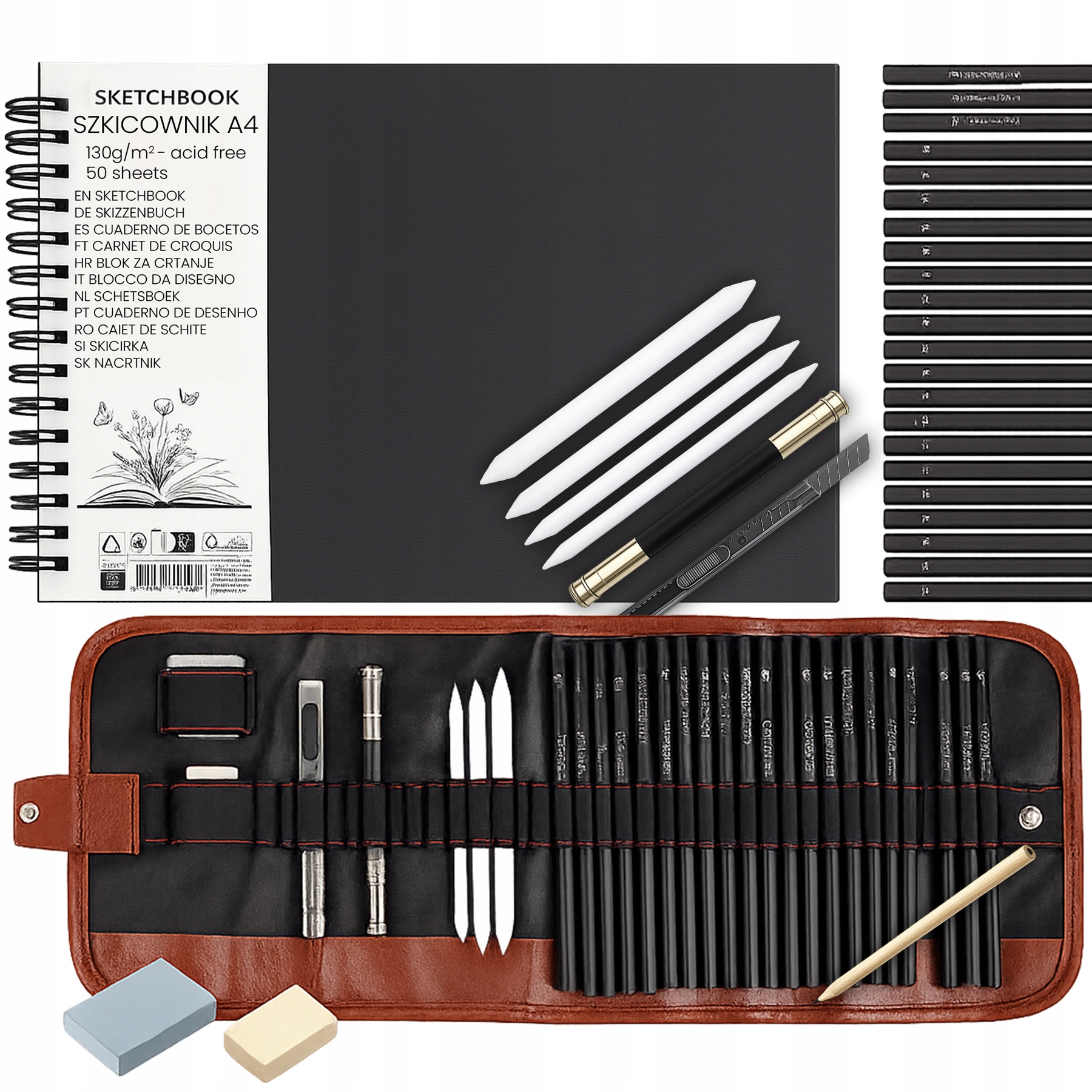 PROFESJONALNY ZESTAW DO SZKICOWANIA RYSOWANIA OŁÓWKÓWKI SZKICOWNIK WĘGIEL