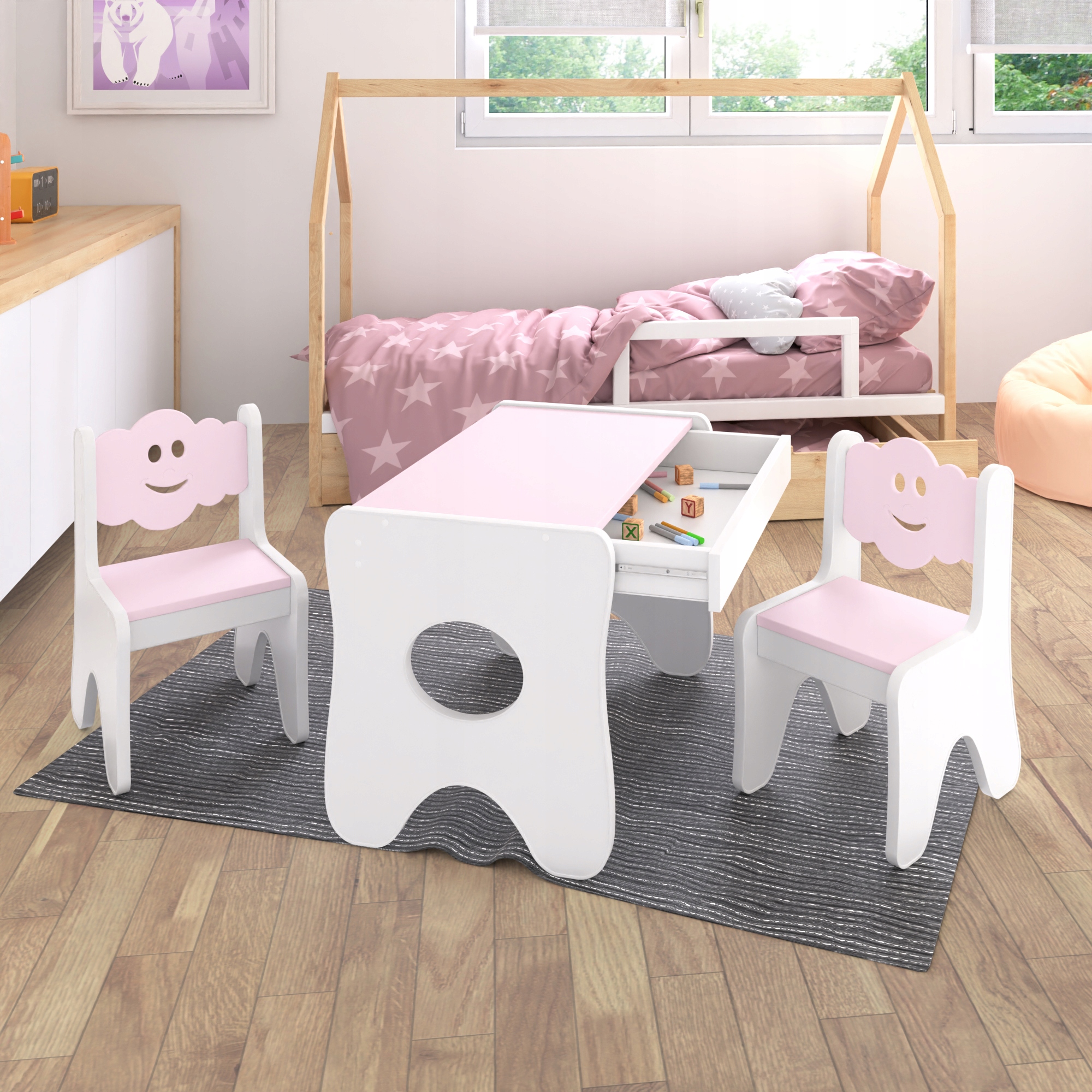 Stolik i dwa krzesełka z szufladą Różne motywy Kolekcja 1