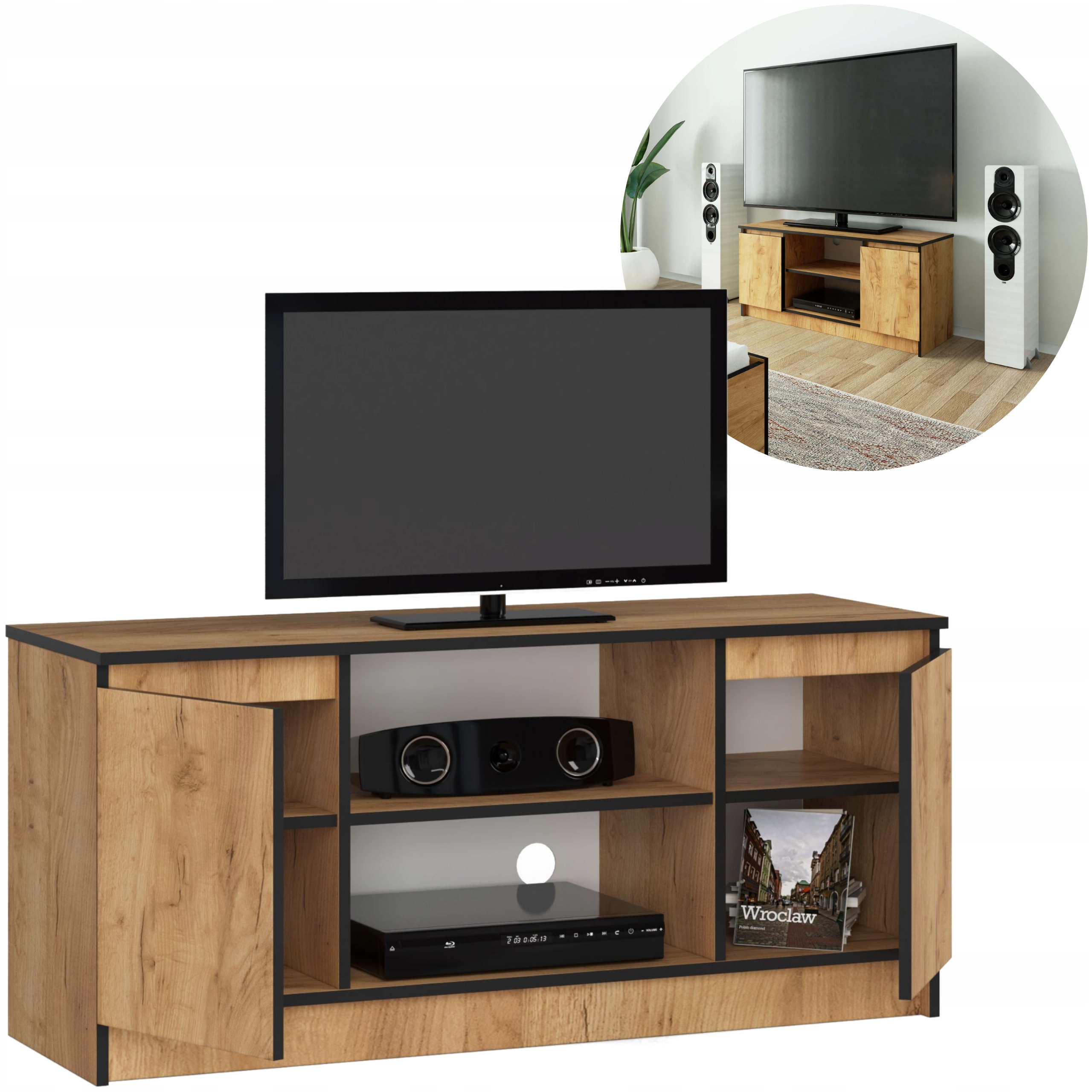 SZAFKA RTV POD TELEWIZOR TV 120 CM DĄB CRAFT MAŁA 2 SZAFKI 2 PÓŁKI NOVO RTV