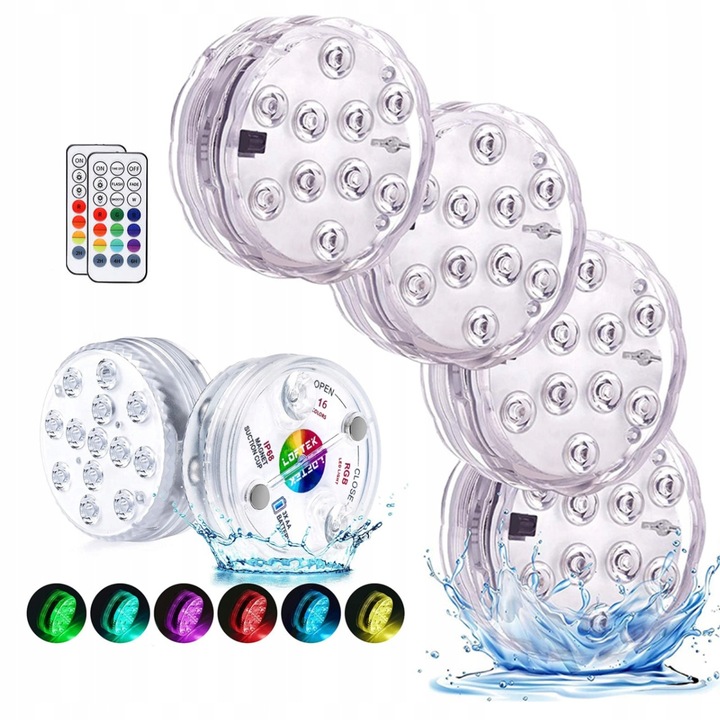 4x Wodoodporna Lampka 10 Led Rgb Pilot Do Akwarium Basenu Jacuzzi Oczka