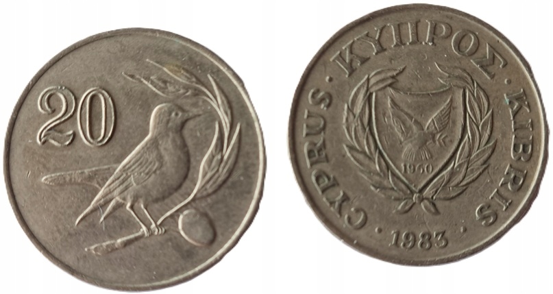 20 centów (1985) Cypr - Ptak, Gałąź oliwna