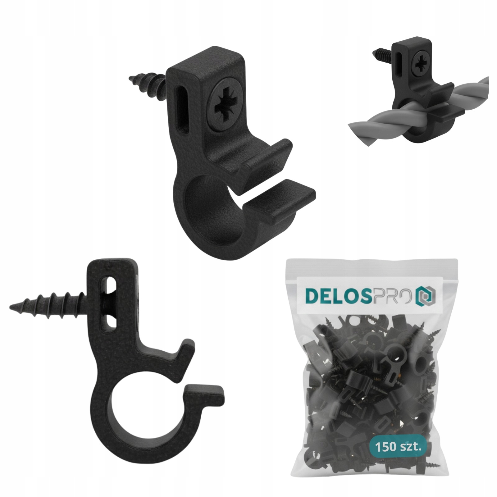 Univerzální šroubovací háčky na girlandy s dekoračními světly, černé, 150 ks