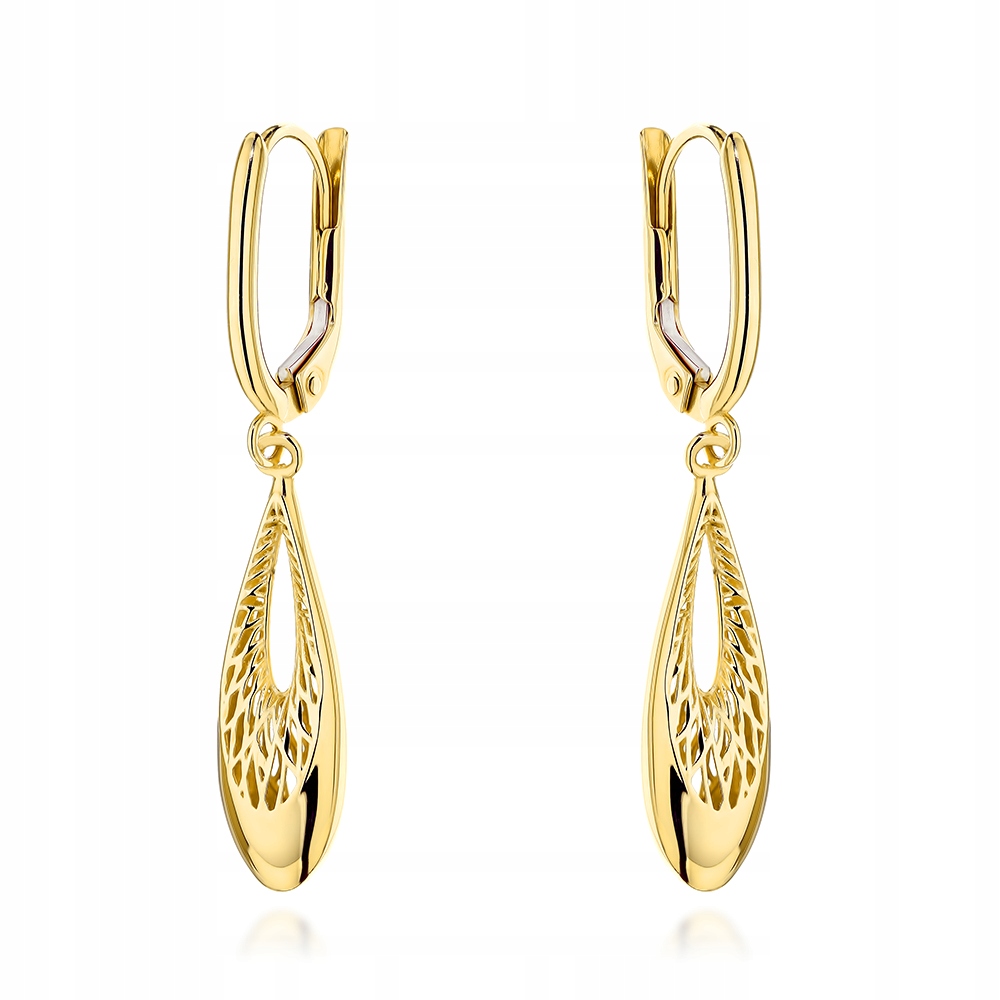 Zlaté 585 náušnice s visícími slzami a ažurovým vzorem, elegantní doplněk, módní design