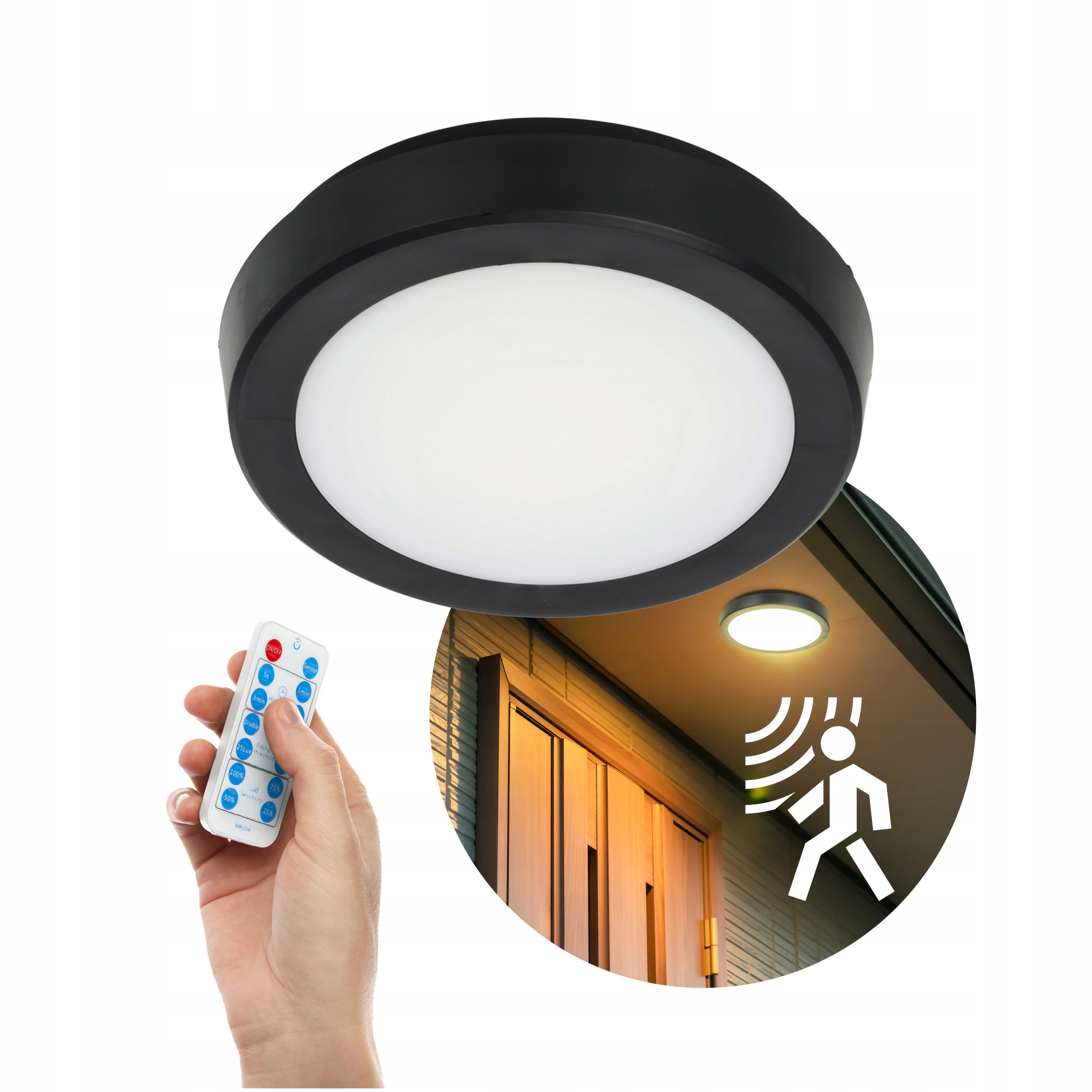 stropní svítidlo Led 12W s pohybovým senzorem Cct IP65, černá dálkový ovladač