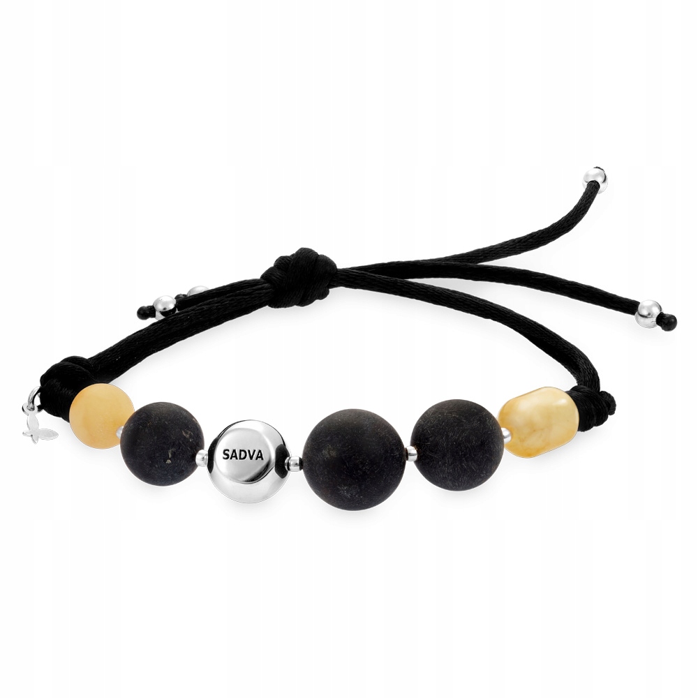 Bransoletka na Sznurku z Bursztynem i Kulką Regulowana Srebro 925 Sadva
