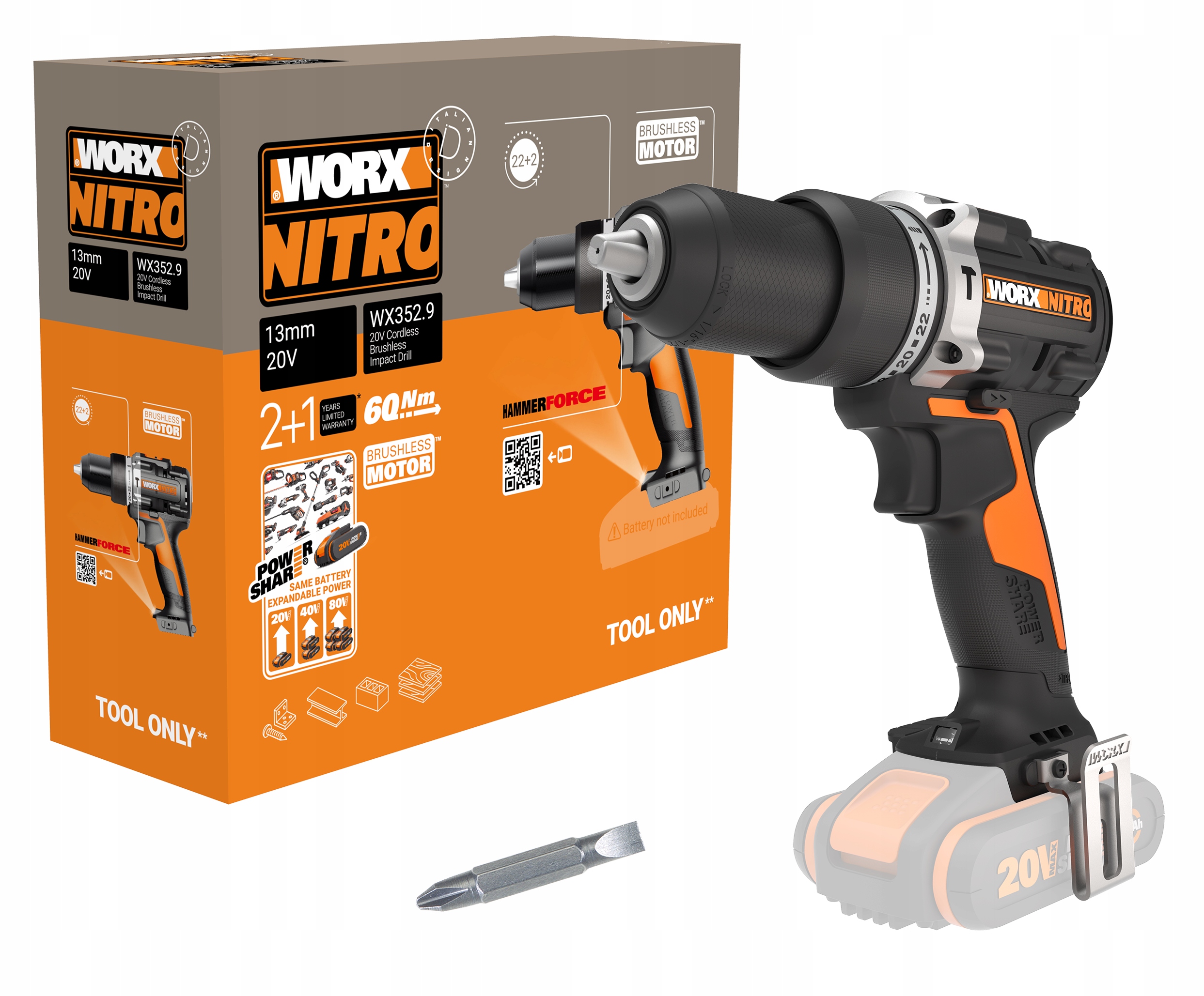 

Wkrętarka udarowa Worx WX352.9 60Nm 13mm Bl 20V