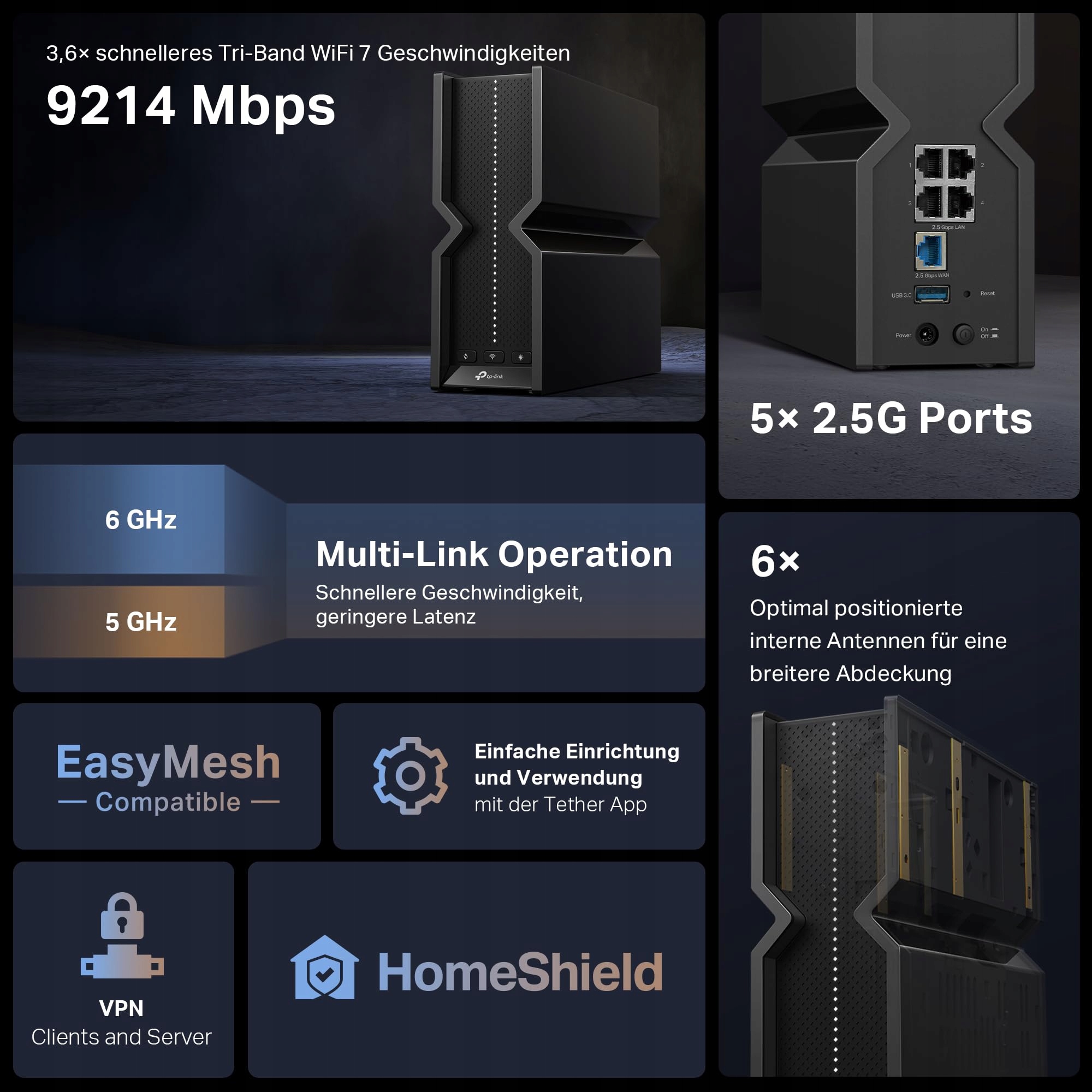 TP-LINK Router WiFi 7 Tri-Band BE9300 Archer BE550 6 Anten USB 3.0 VPN — miniatura 3