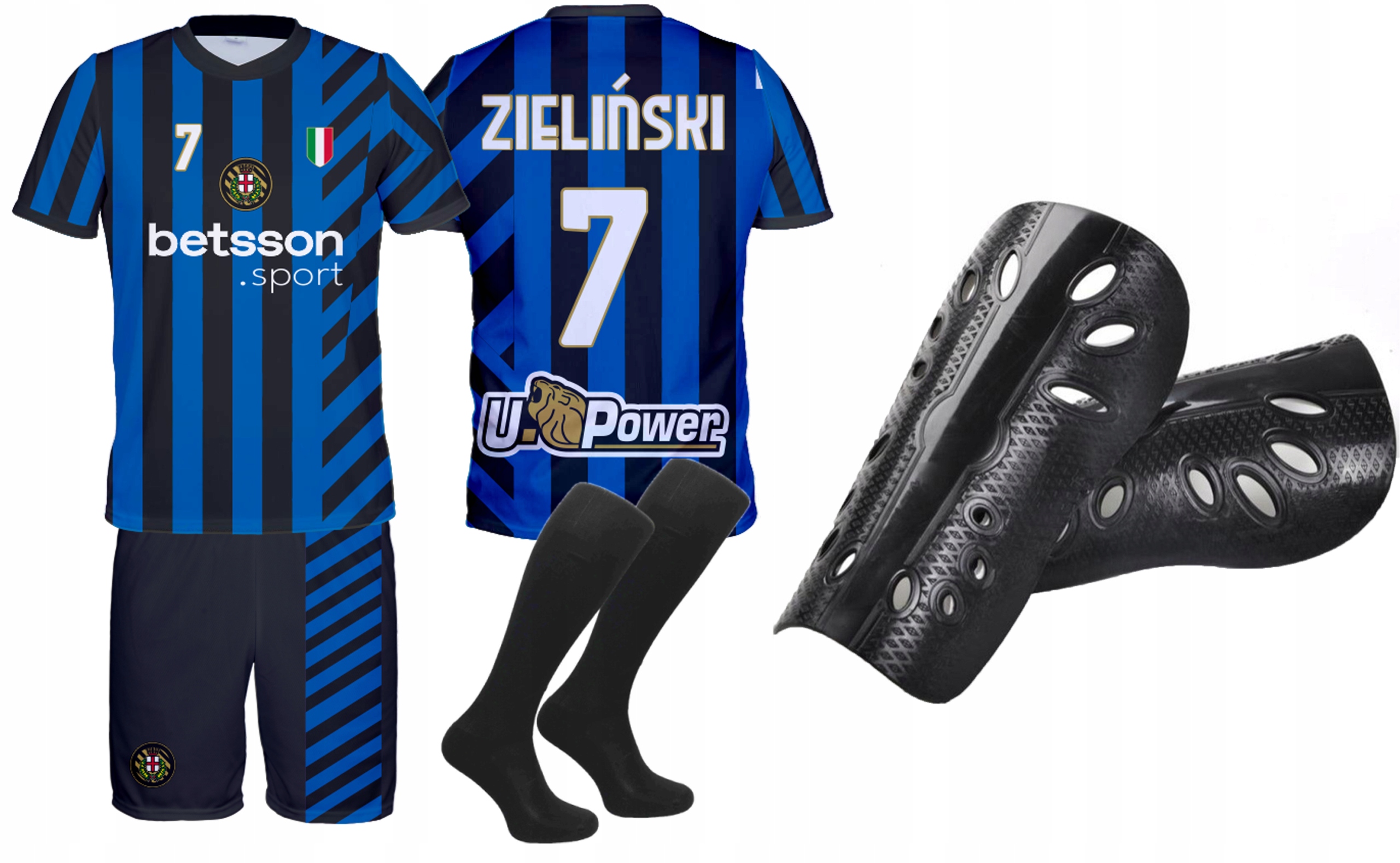 Strój Piłkarski Zieliński koszulka spodenki getry ochraniacze 164