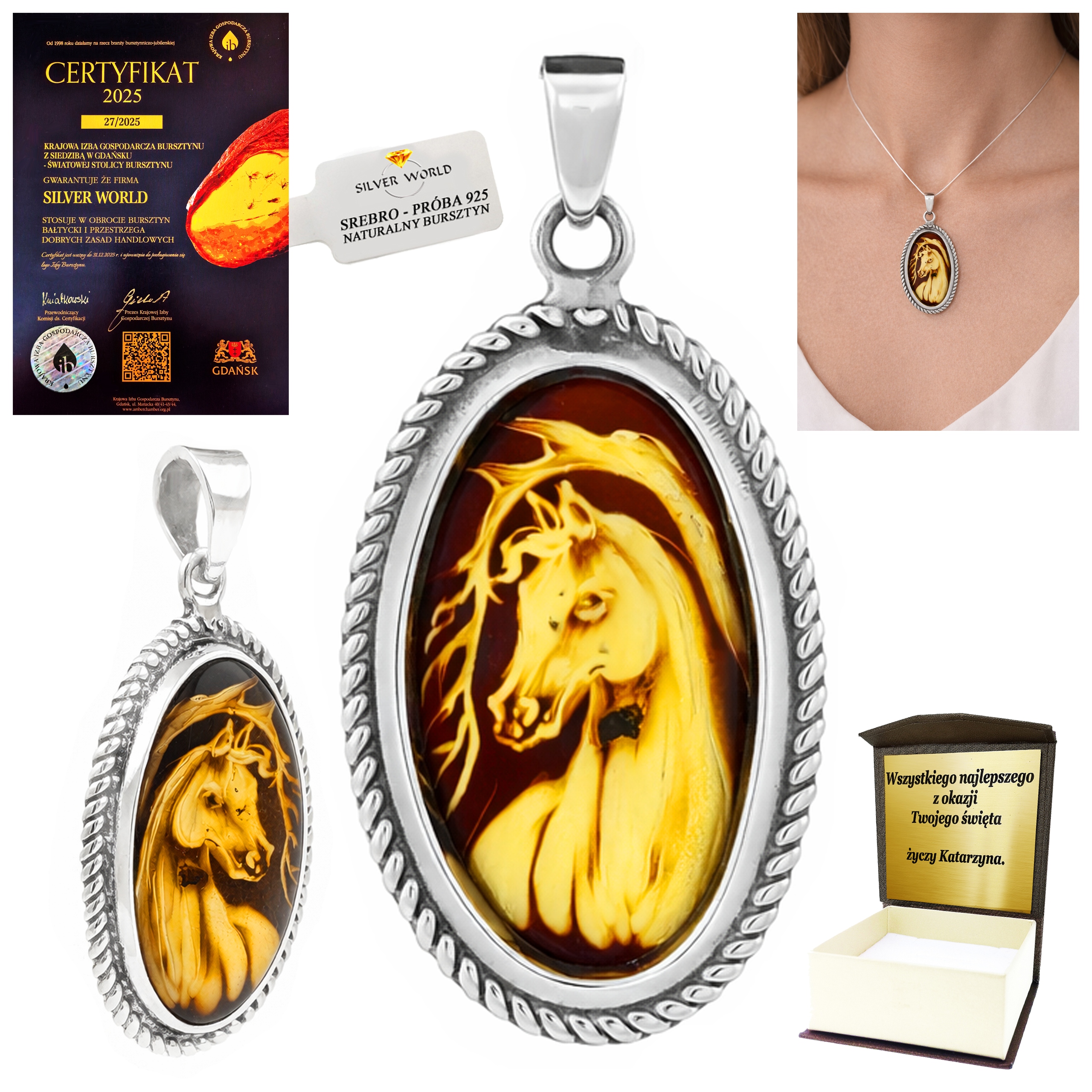 Přívěsek S Koňakovým Jantarem, Náhrdelník Jako Dárek Gravírování WB41