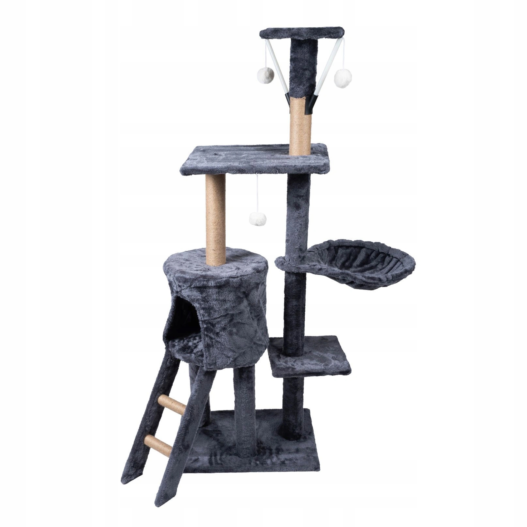 Levně Škrabadlo Pro Kočky Pelíšek Věž S Žebříkem A Hračkami 5 Úrovní Grafitové