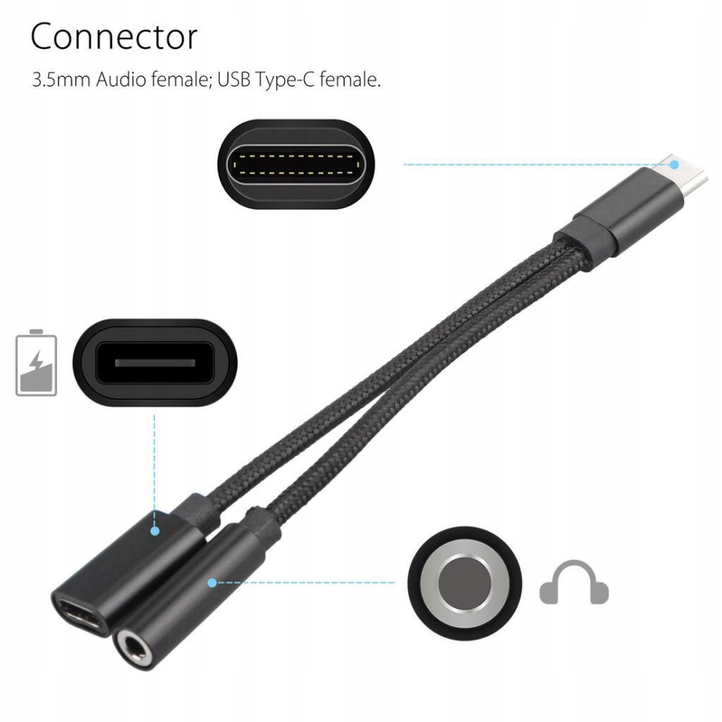 Adapter audio i ładujący 2 w 1 / USB C i 3.5 Moc użytkowa 1 W