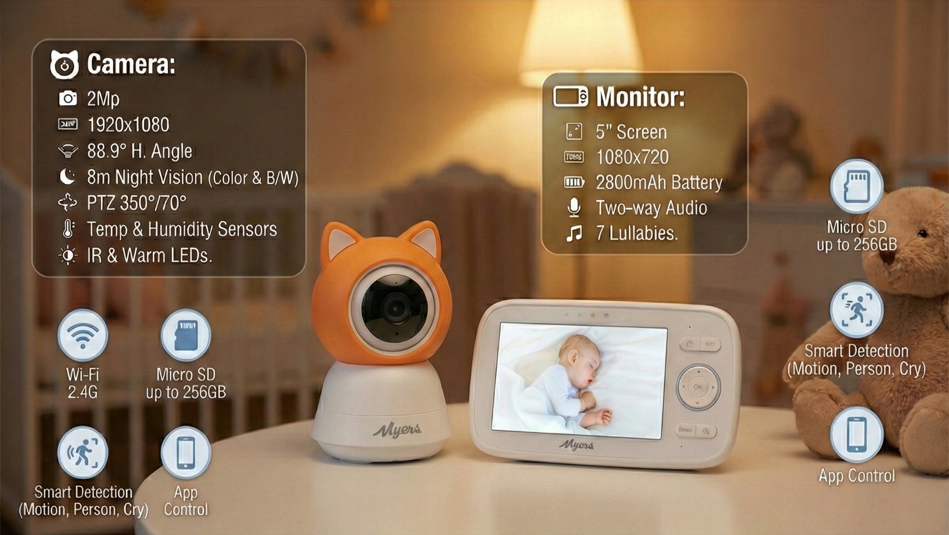 Myers Detská Video Opatrovateľka WiFi 2v1 5" LCD Aplikácia Fhd Ptz Orange