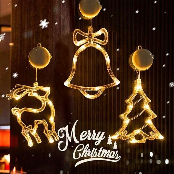 Led okenní lampy s přísavkami ve tvaru sob, zvonek, vánoční stromek, 3 ks