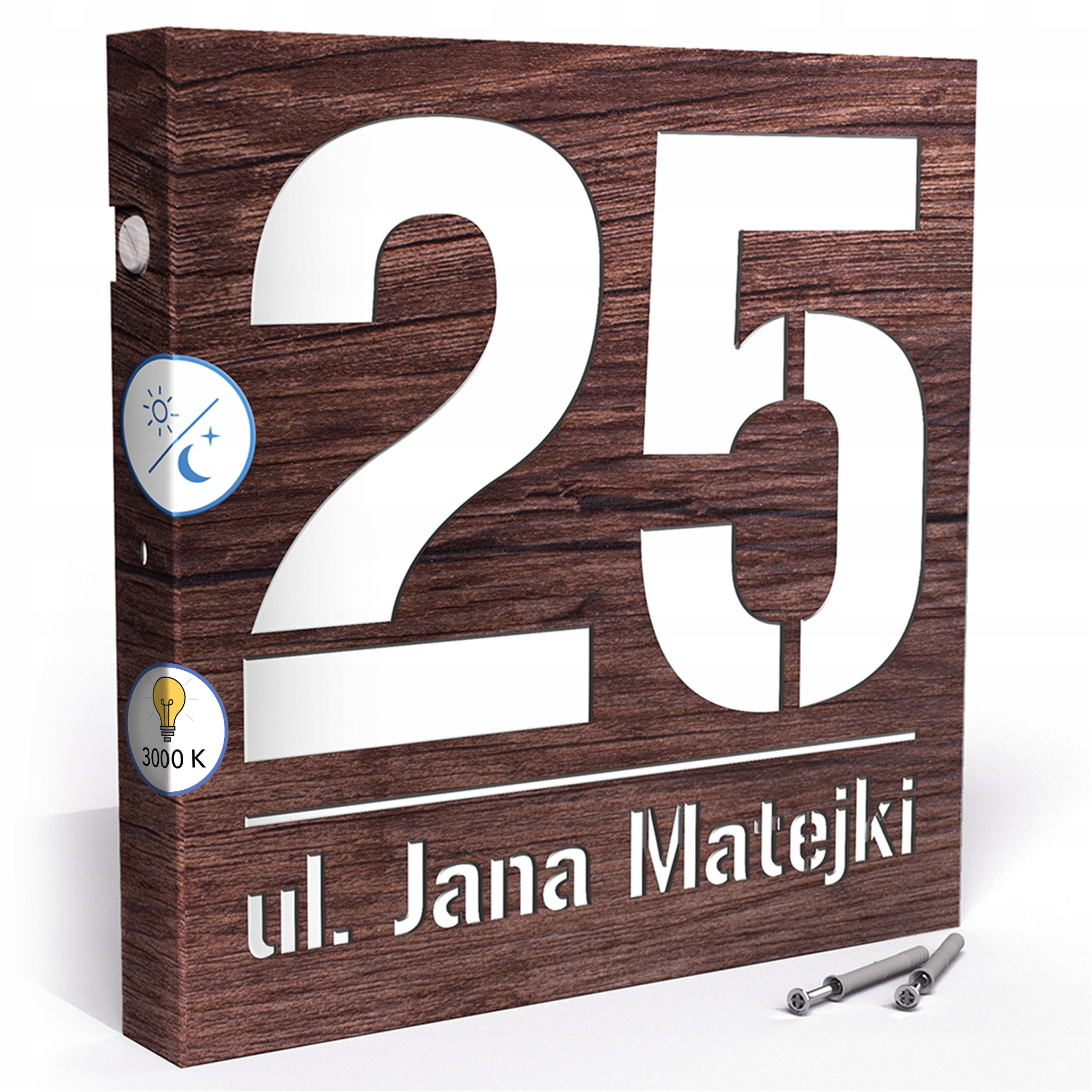 Led tabulka 3000k Snímač 30x30 cm Teplá barva Číslo na dům Dub bažinatý
